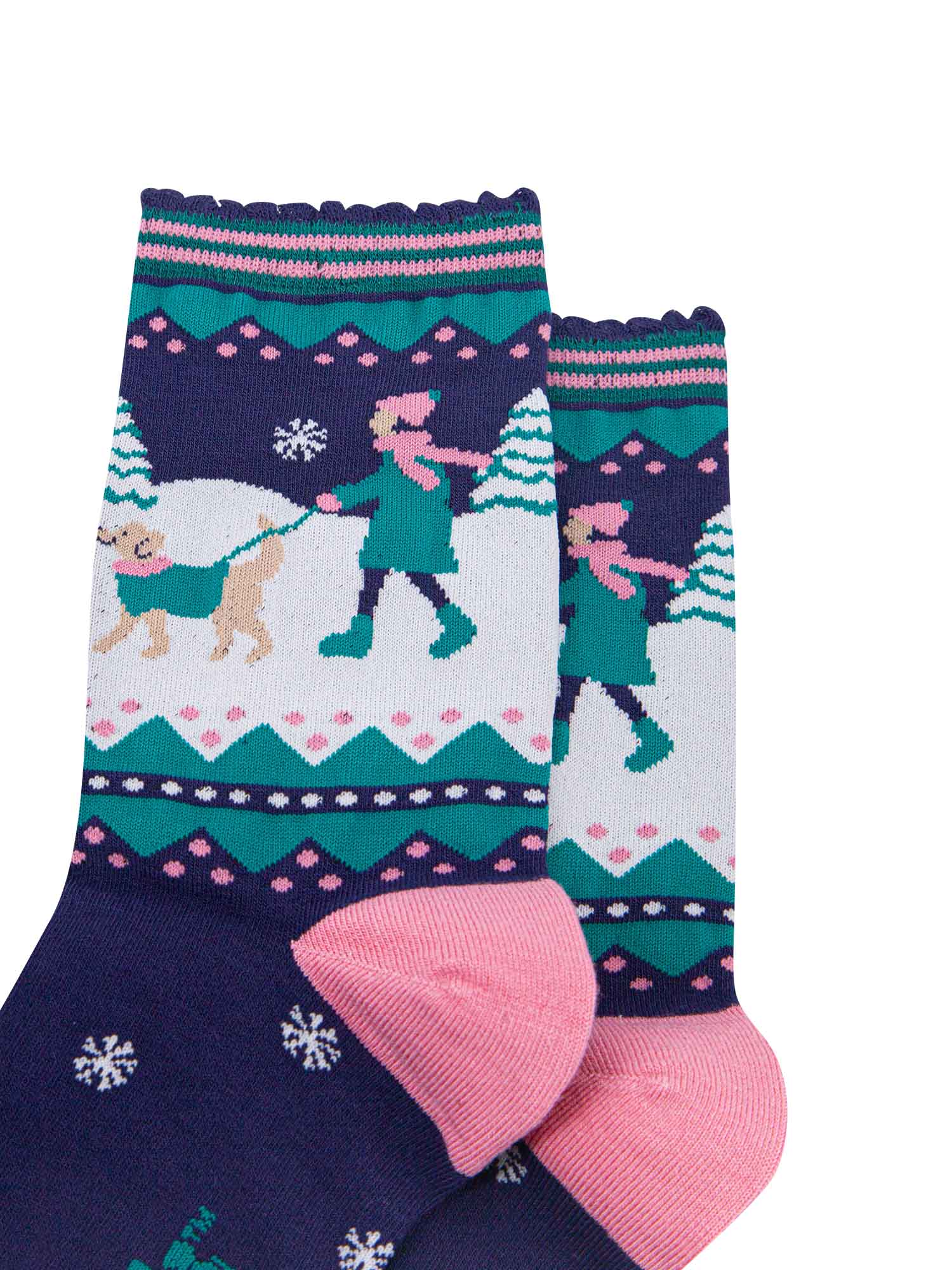 navy blue, pink and teal ankle socks featuring a snowy winter scene with a golden retriever dog taking its owner for a walk
