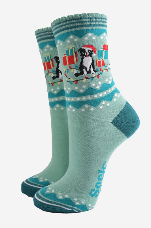 mint green ankle socks with a border collie dog surrounded by christmas presents and party lights, the dog is wearing a santa hat