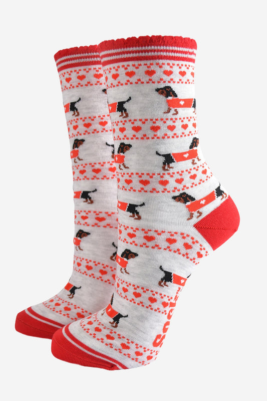 Women's Bamboo Socks - Grey/Red, Sausage Dog Fair Isle