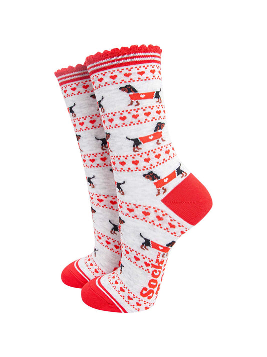 Sausage Dog Fair Isle Bamboo Socks in Grey/Red