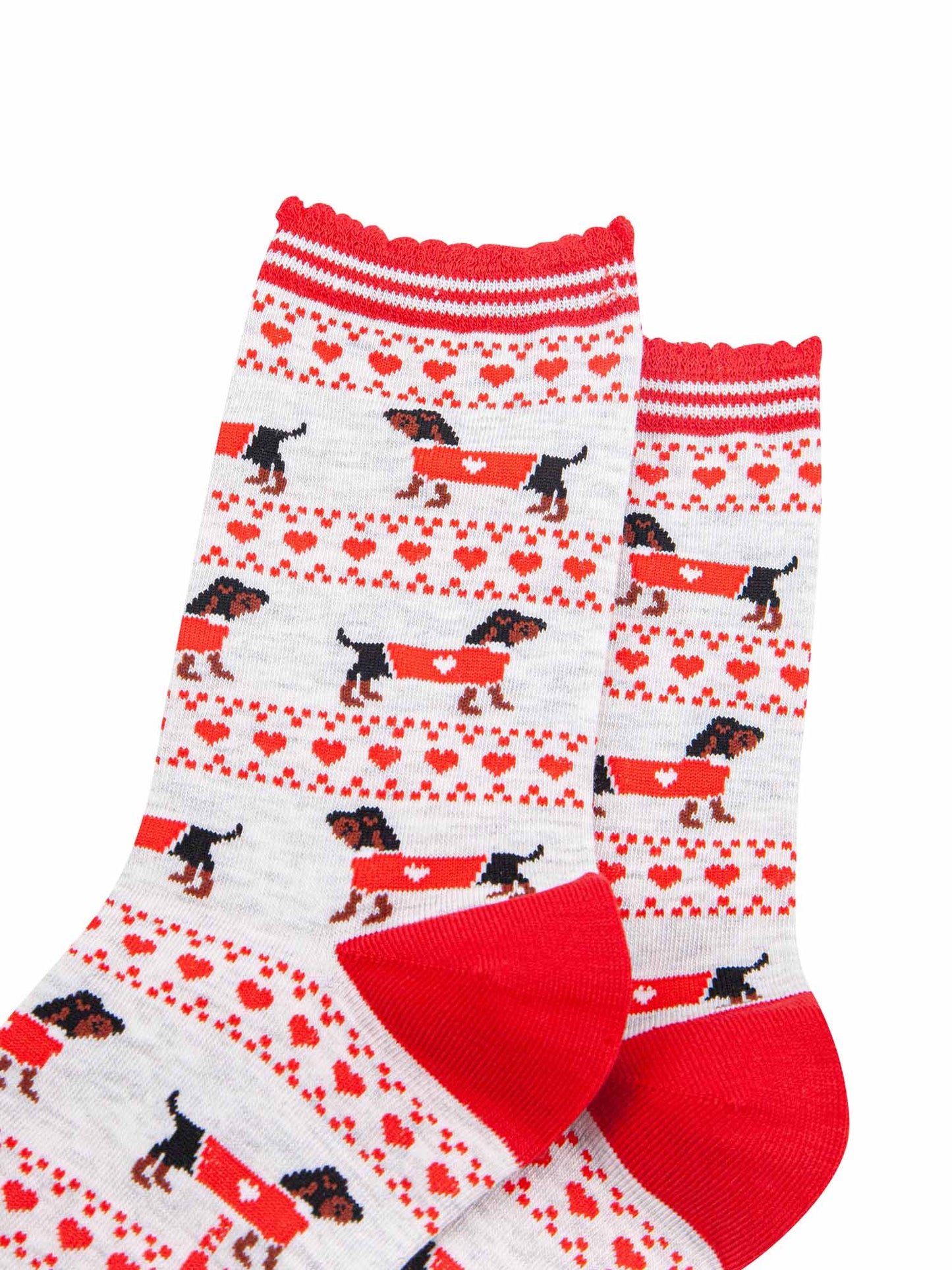Sausage Dog Fair Isle Bamboo Socks in Grey/Red