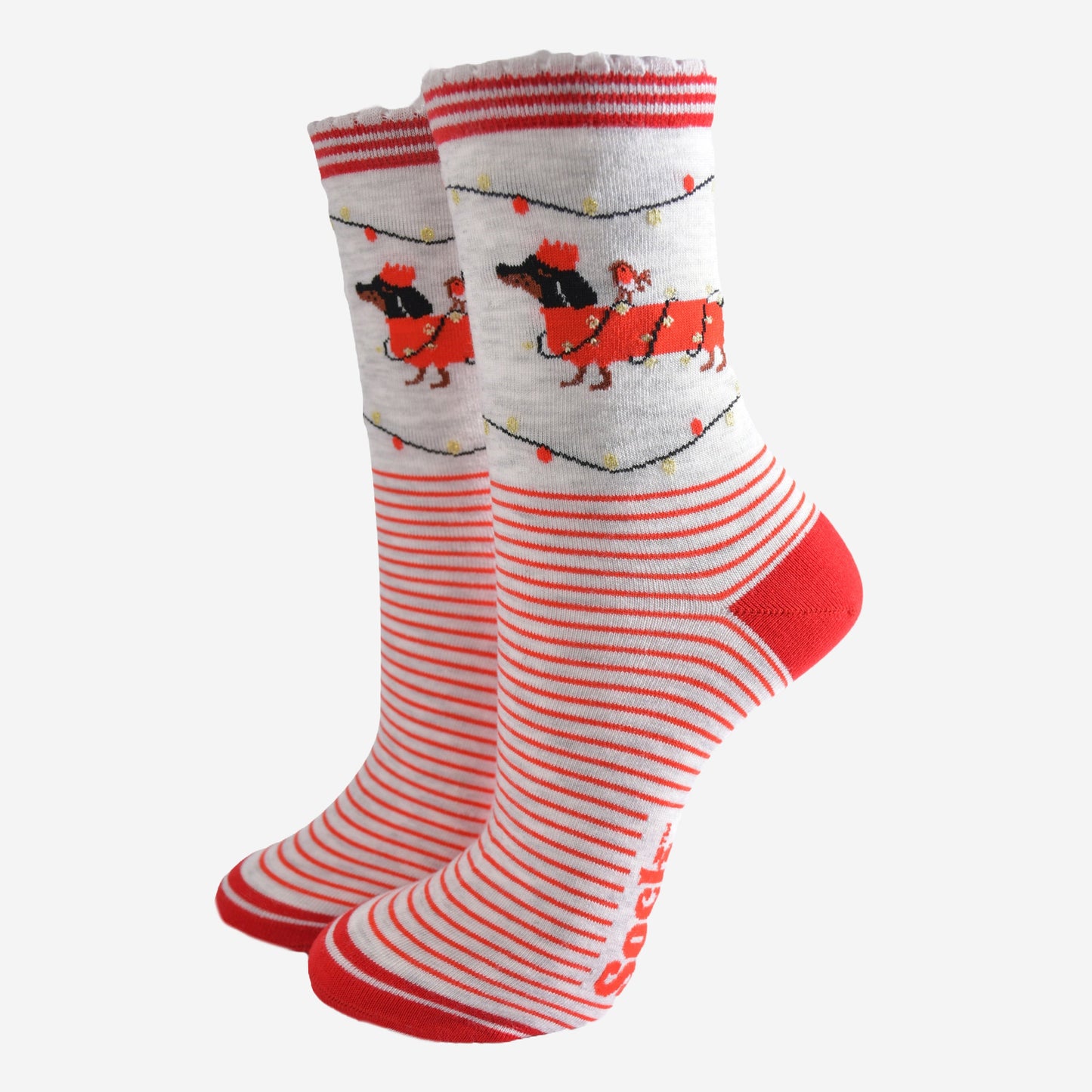 grey socks with red stripes and a sausage dog entangled in party lights