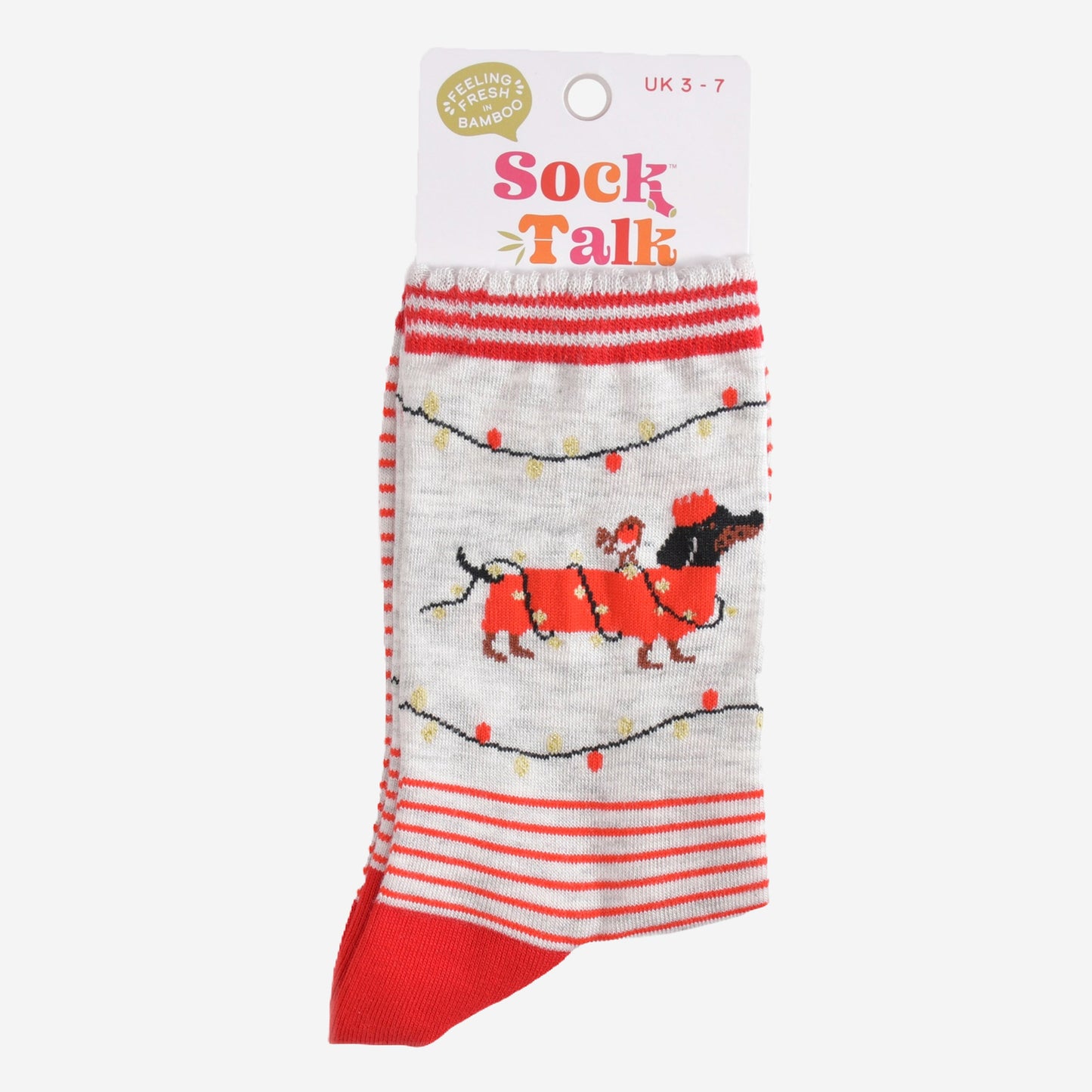 sausage dog party bamboo socks in their sock talk packaging, these socks are a uk size 3-7