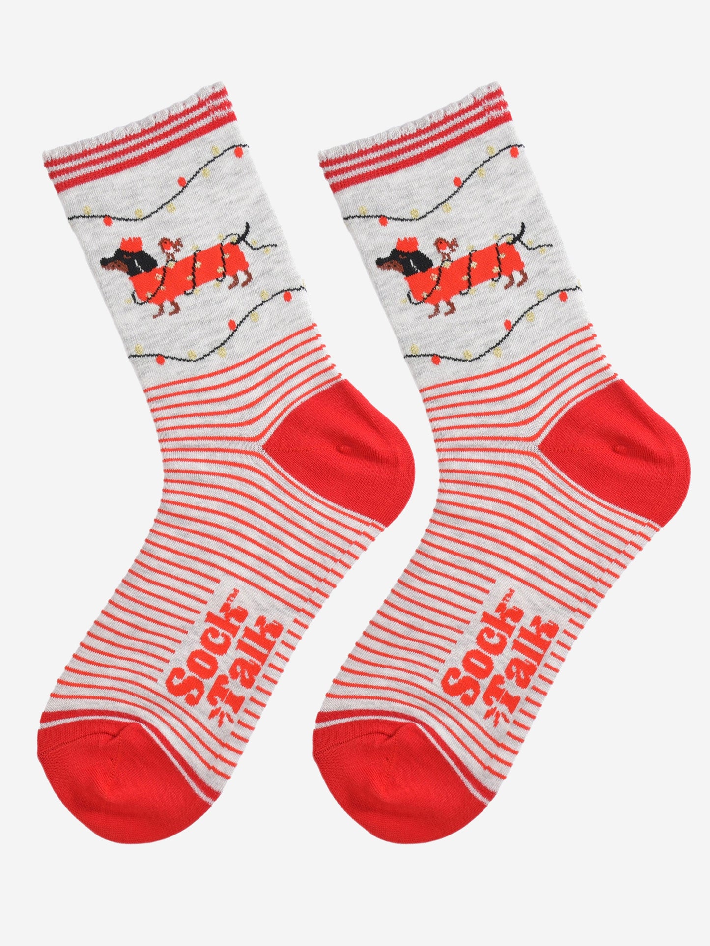 showing the socks laying flat, there is a red and grey stripe pattern on the body of the socks and the sausage dog design is on the ankles