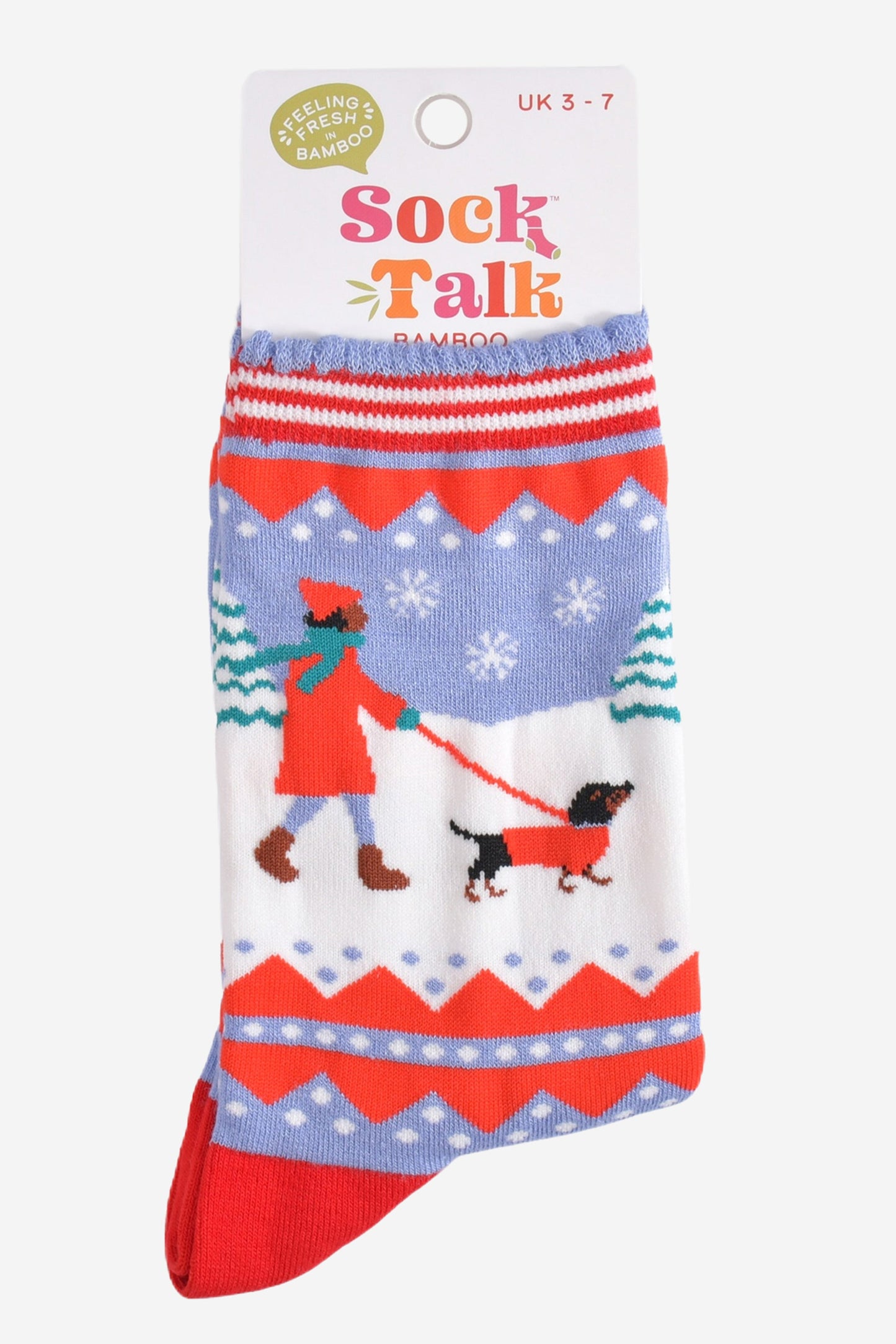 sausage dog winter walk bamboo socks in their sock talk packaging, these socks are a uk size 3-7