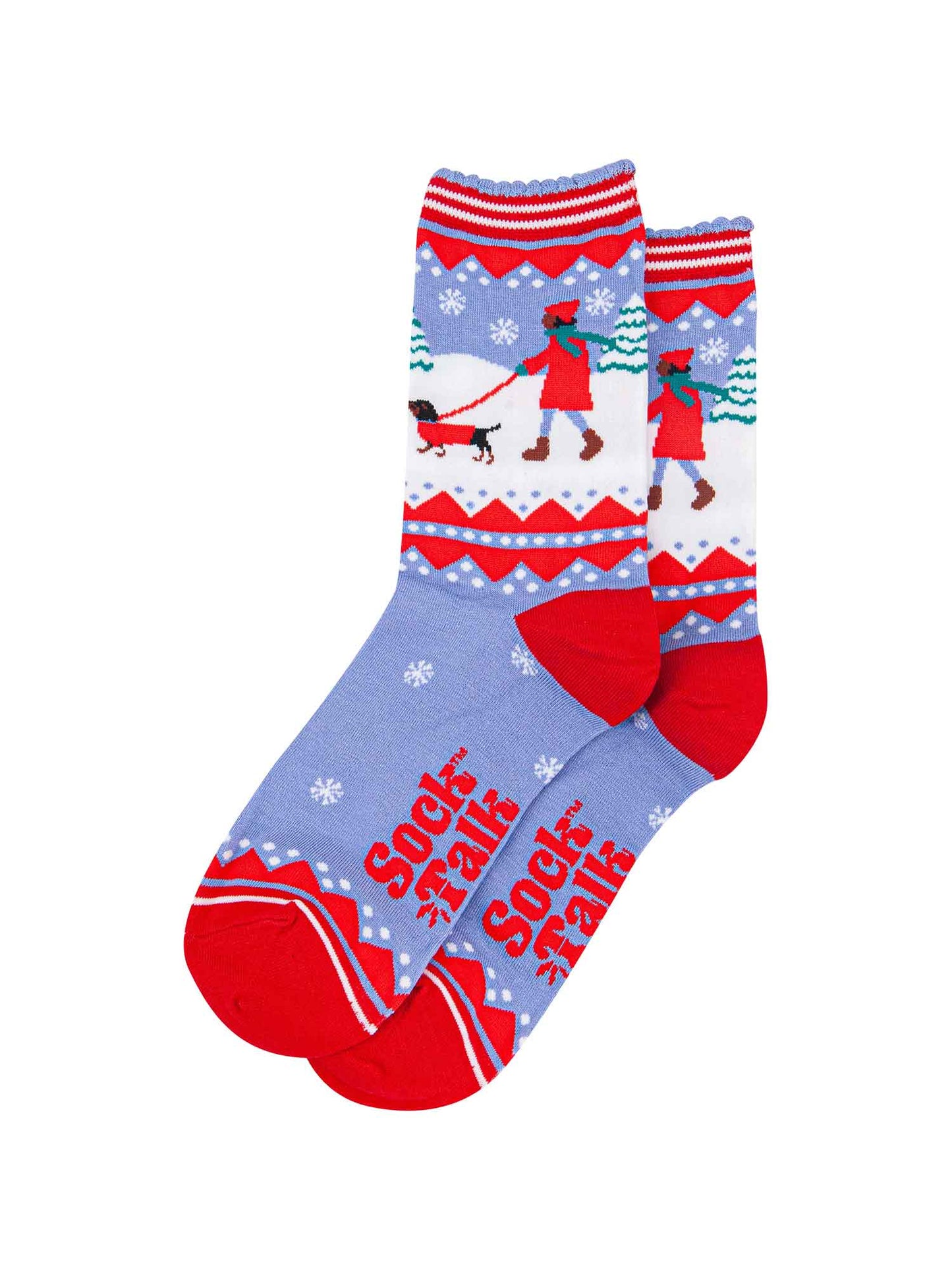 showing the sausage dog socks laying flat, there is a pattern of white snowflakes throughout the design, on the ankle of the socks the sausage dog design is prominent