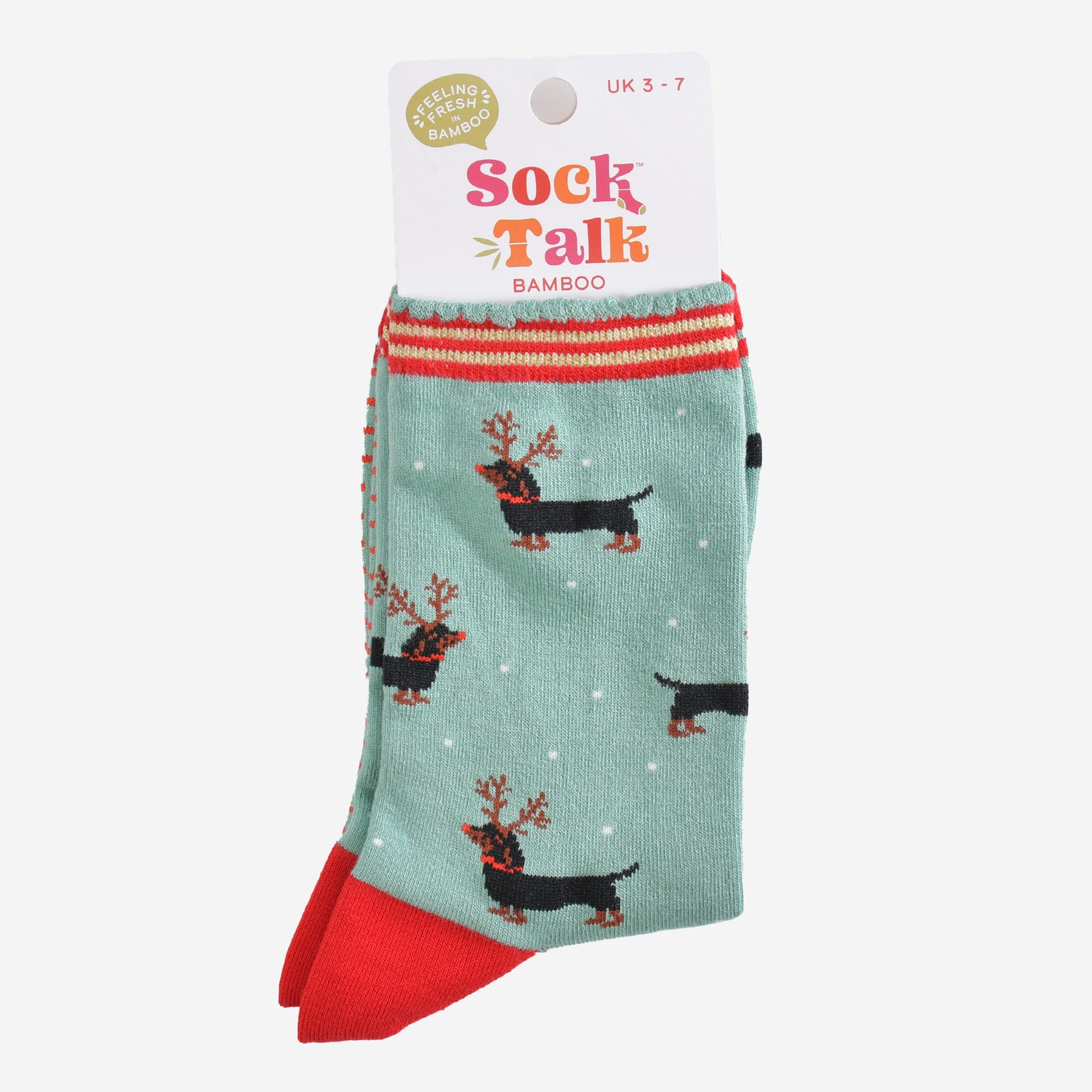 sausage dog christmas reindeer bamboo socks in their sock talk packaging, these socks are a uk size 3-7