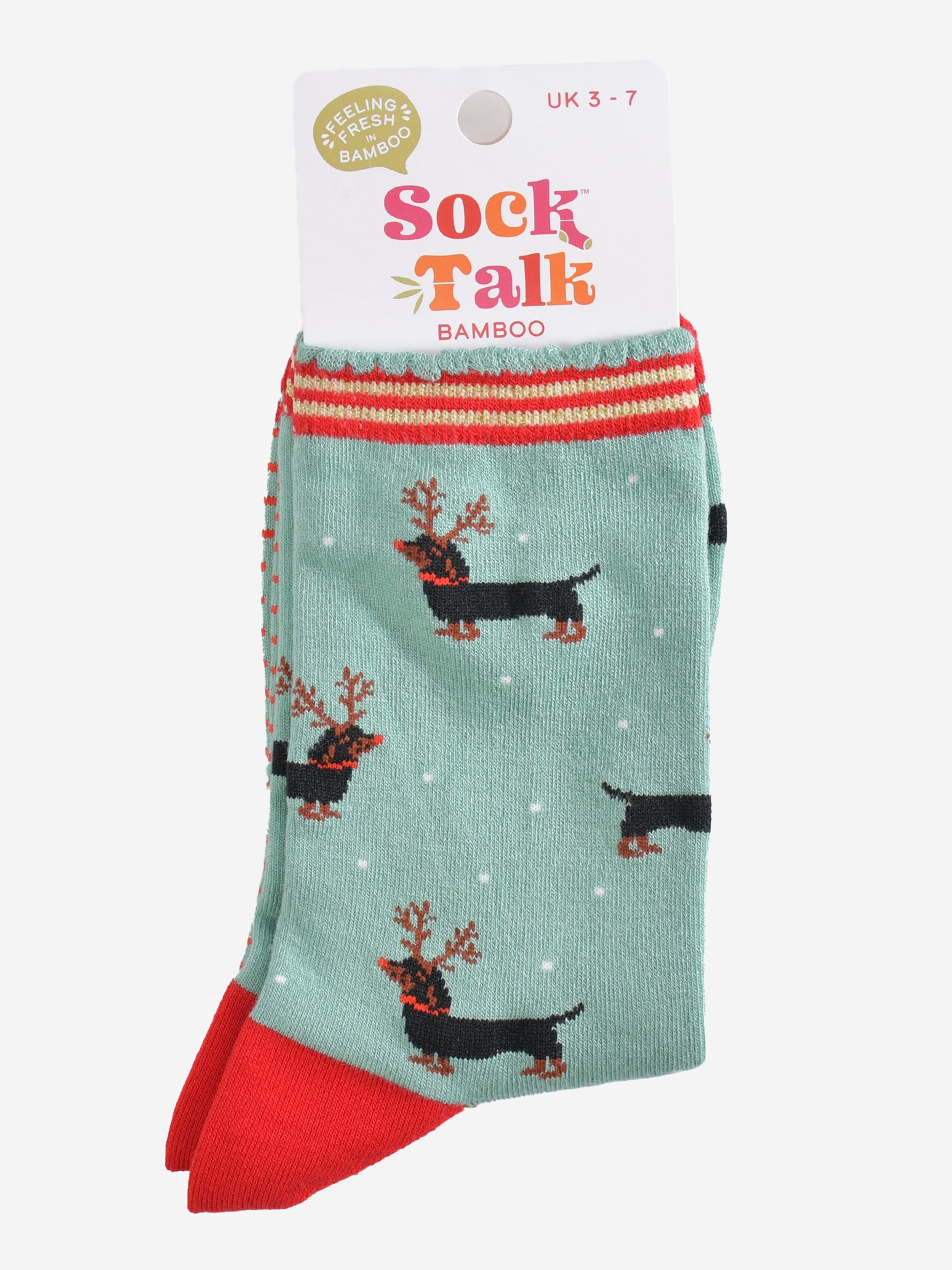 sausage dog christmas reindeer bamboo socks in their sock talk packaging, these socks are a uk size 3-7