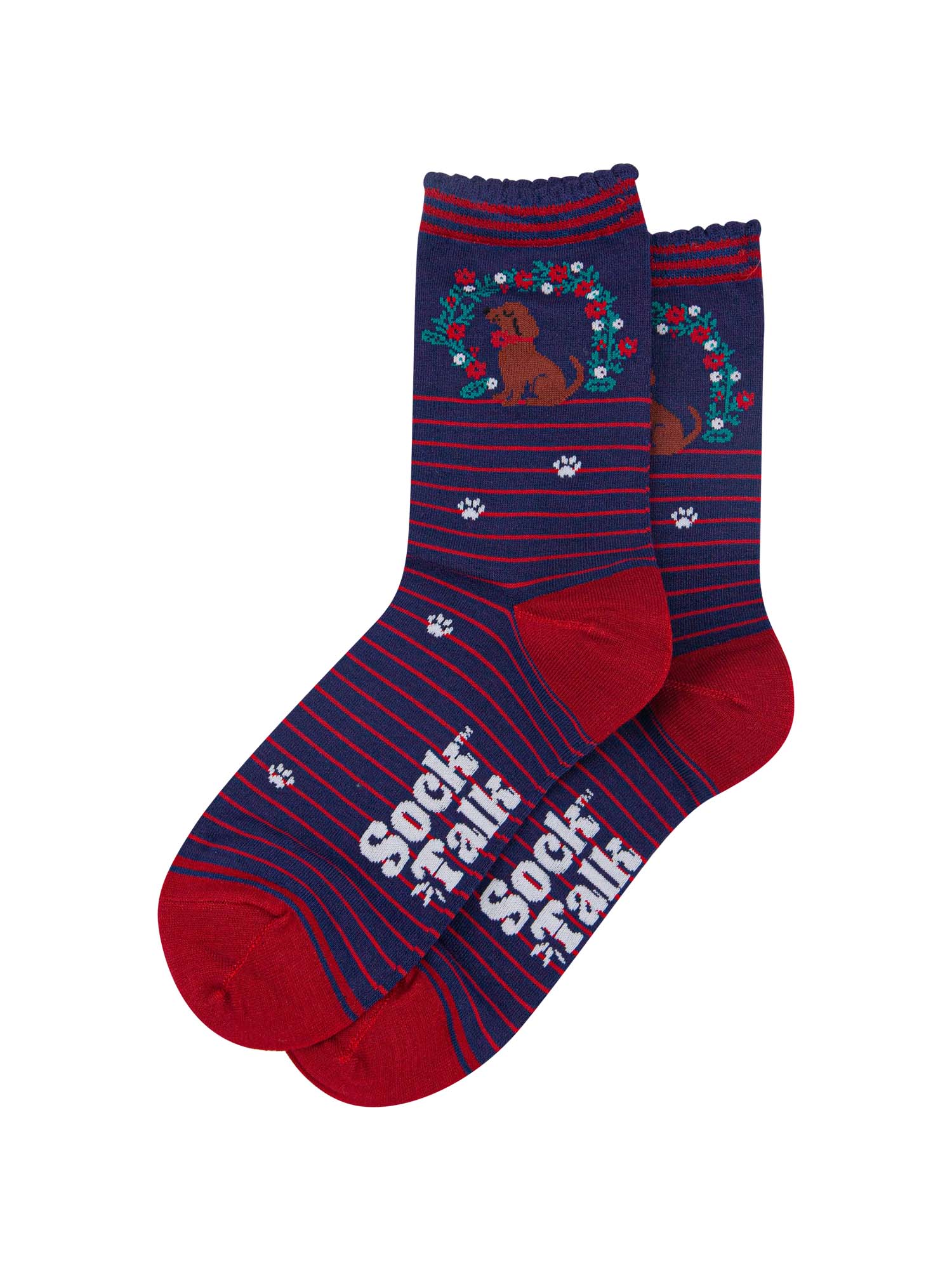 showing the socks laying flat, there is a red horizontal pinstripe throughout the socks except for the ankle where the sausage dog and wreath and located, there are white paw prints on the socks aswell