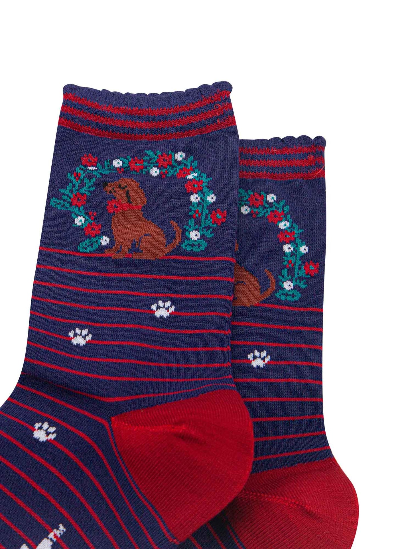 close up of the sausage dog and floral wreath on the ankle of the bamboo socks, the wreath is green with red and white flowers, the dog is brown and is wearing a red collar.
