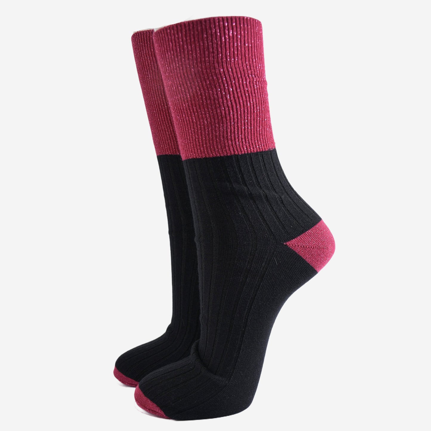 Women's Folding Cuff Socks - Berry/Black, Two Tone Glitter