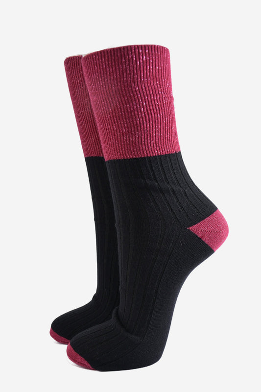 Women's Folding Cuff Socks - Berry/Black, Two Tone Glitter