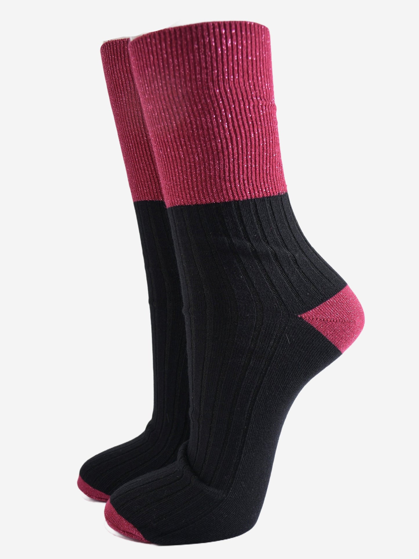 Women's Folding Cuff Socks - Berry/Black, Two Tone Glitter