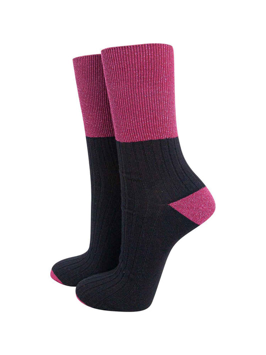 Folding Cuff Ribbed Cotton Glitter Socks in Berry/Black