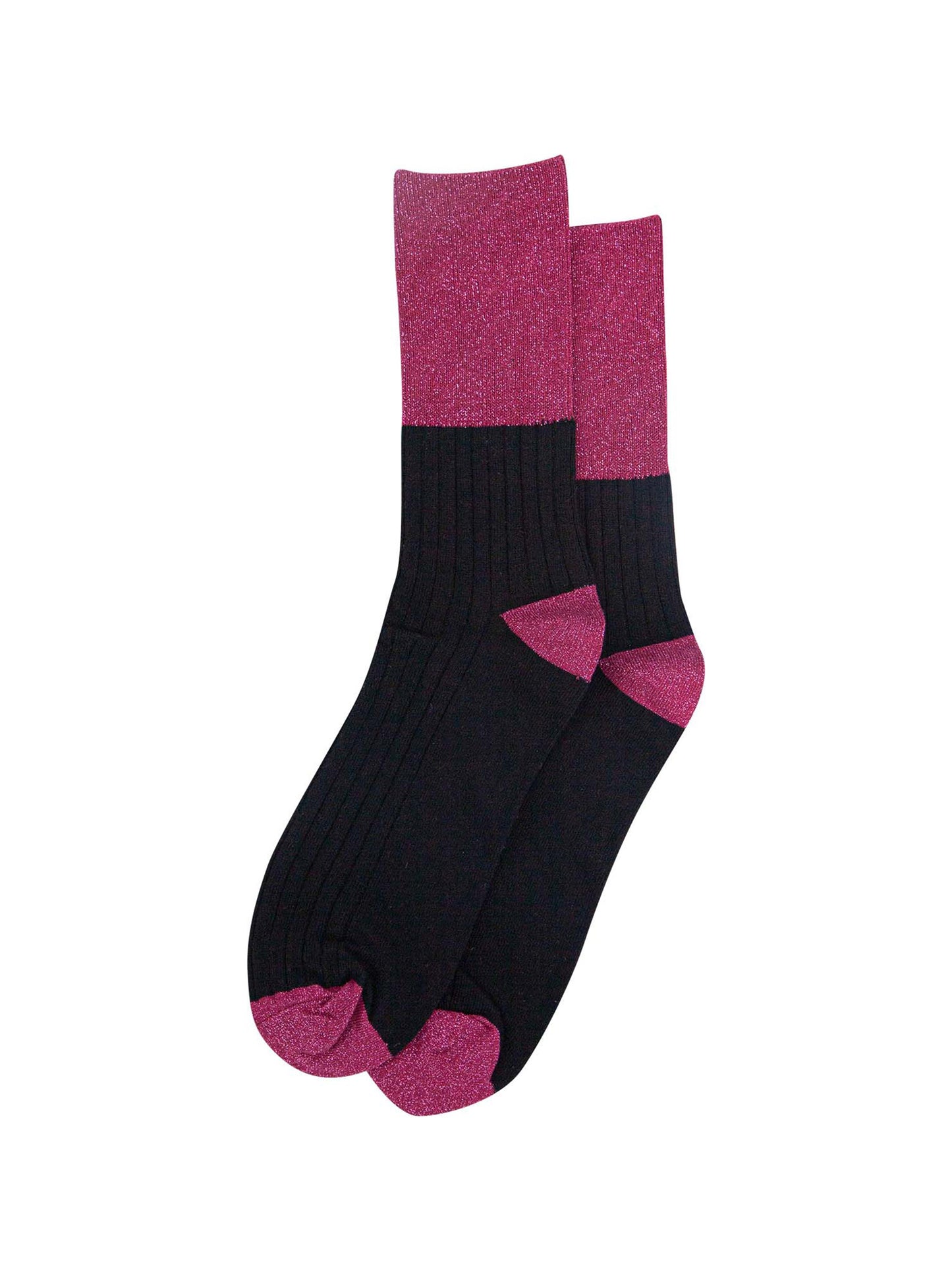Folding Cuff Ribbed Cotton Glitter Socks in Berry/Black