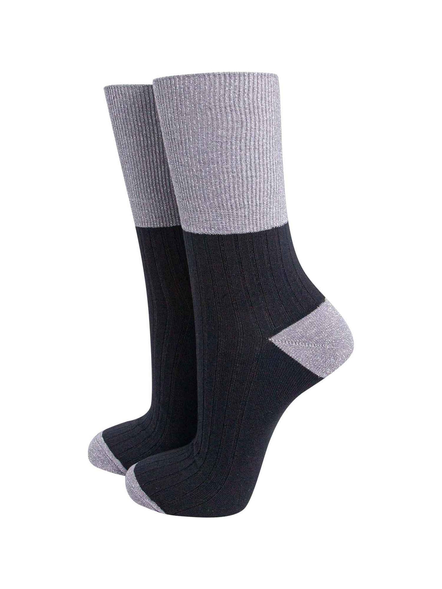 black cotton socks with contrasting grey glitter cuff, heel and toe