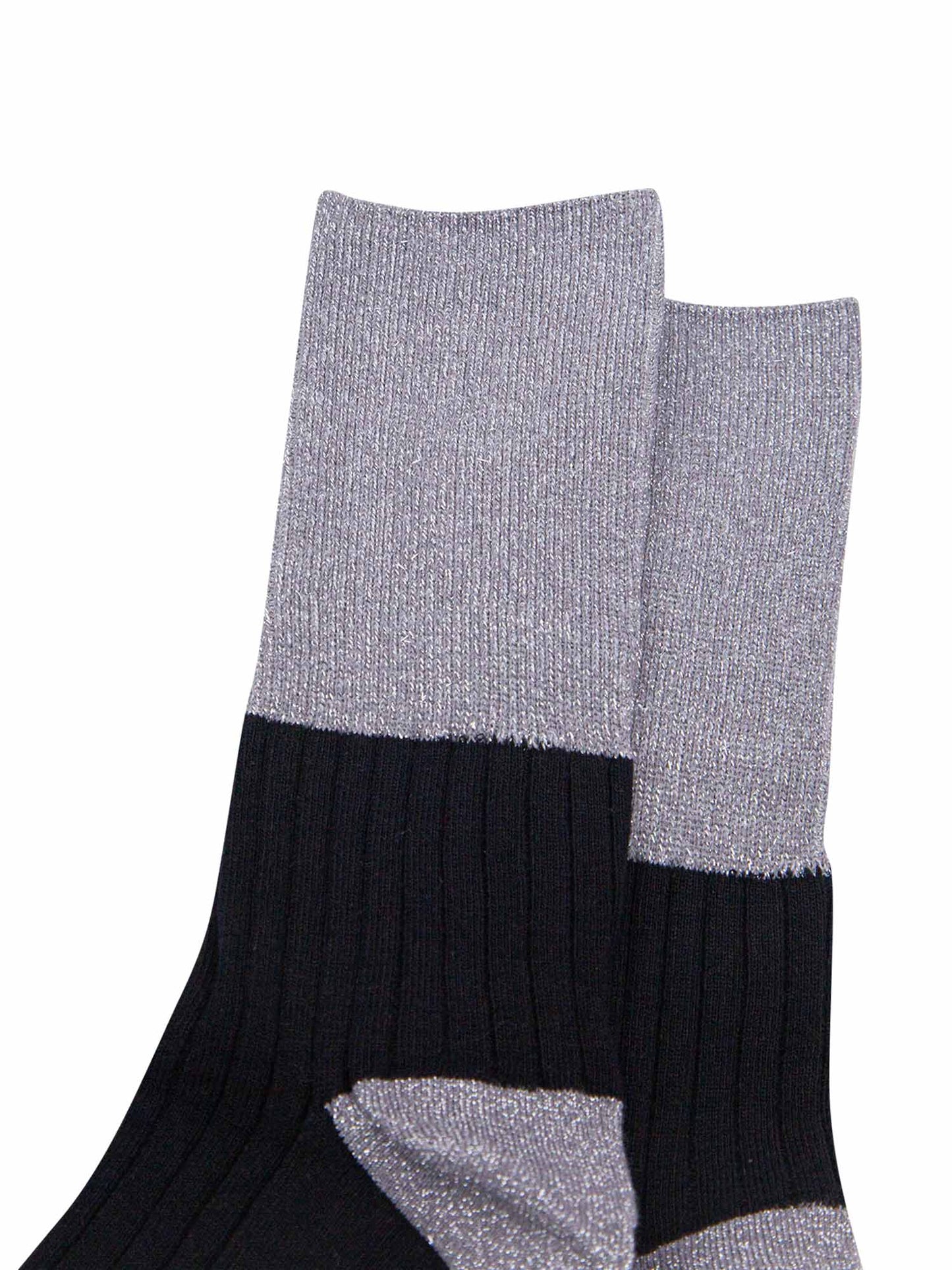 black cotton socks with contrasting grey glitter cuff, heel and toe