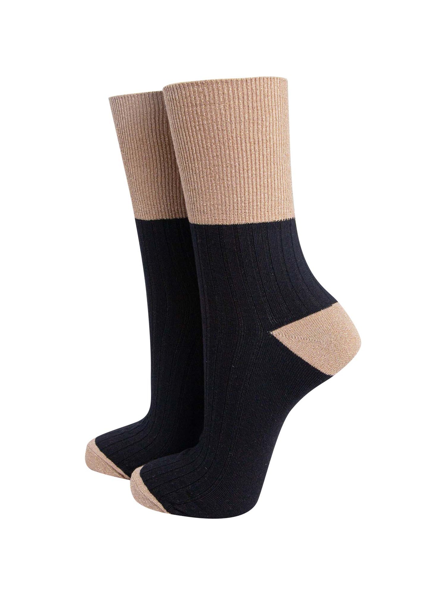 black cotton socks with contrasting gold glitter cuff, heel and toe
