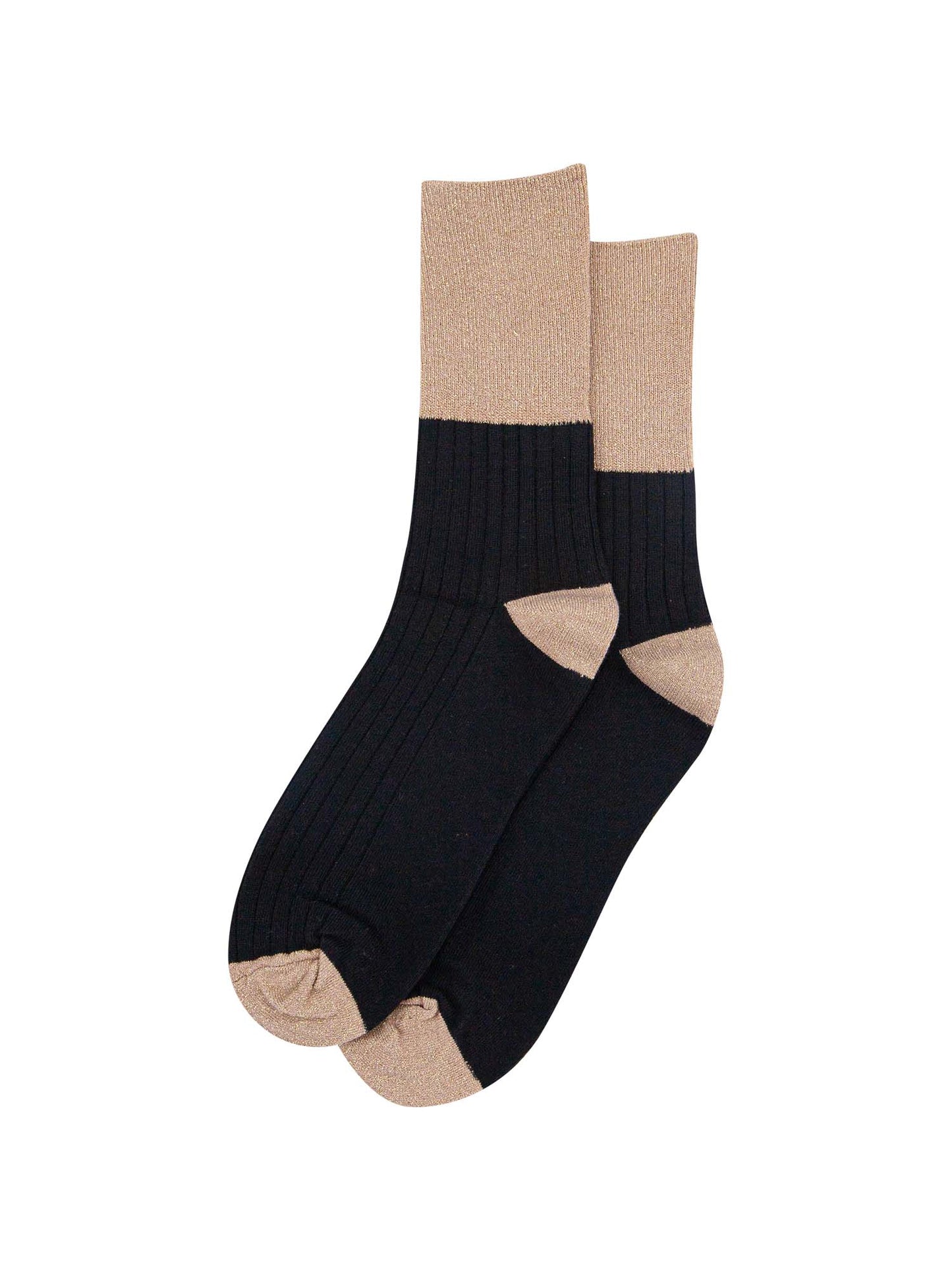 black cotton socks with contrasting gold glitter cuff, heel and toe