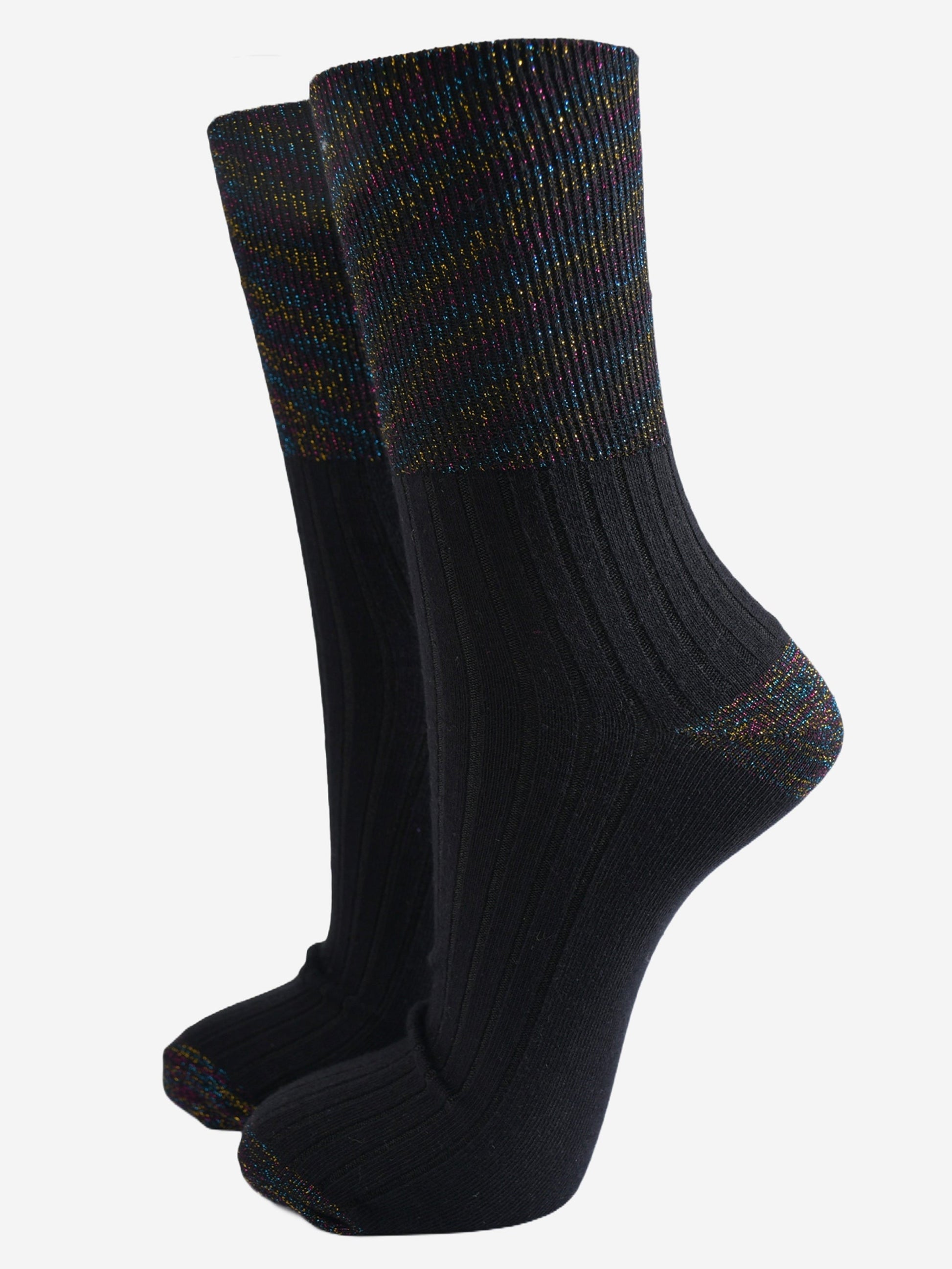 black ribbed cotton ankle socks with a black rainbow glitter heel, toe and cuff, the cuff is designed to be folded over so the sock can be worn at various heights