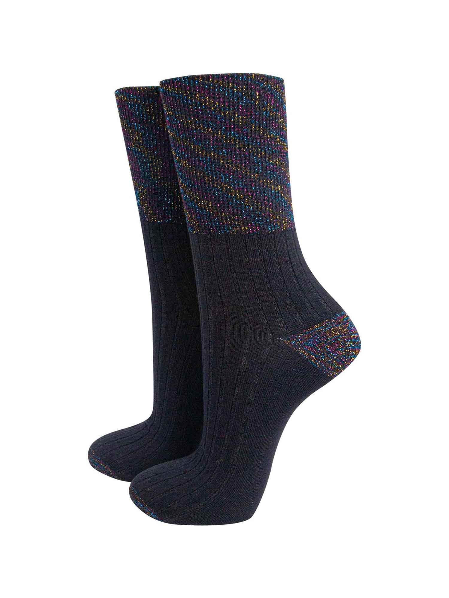 black ribbed cotton ankle socks with a black rainbow glitter heel, toe and cuff, the cuff is designed to be folded over so the sock can be worn at various heights