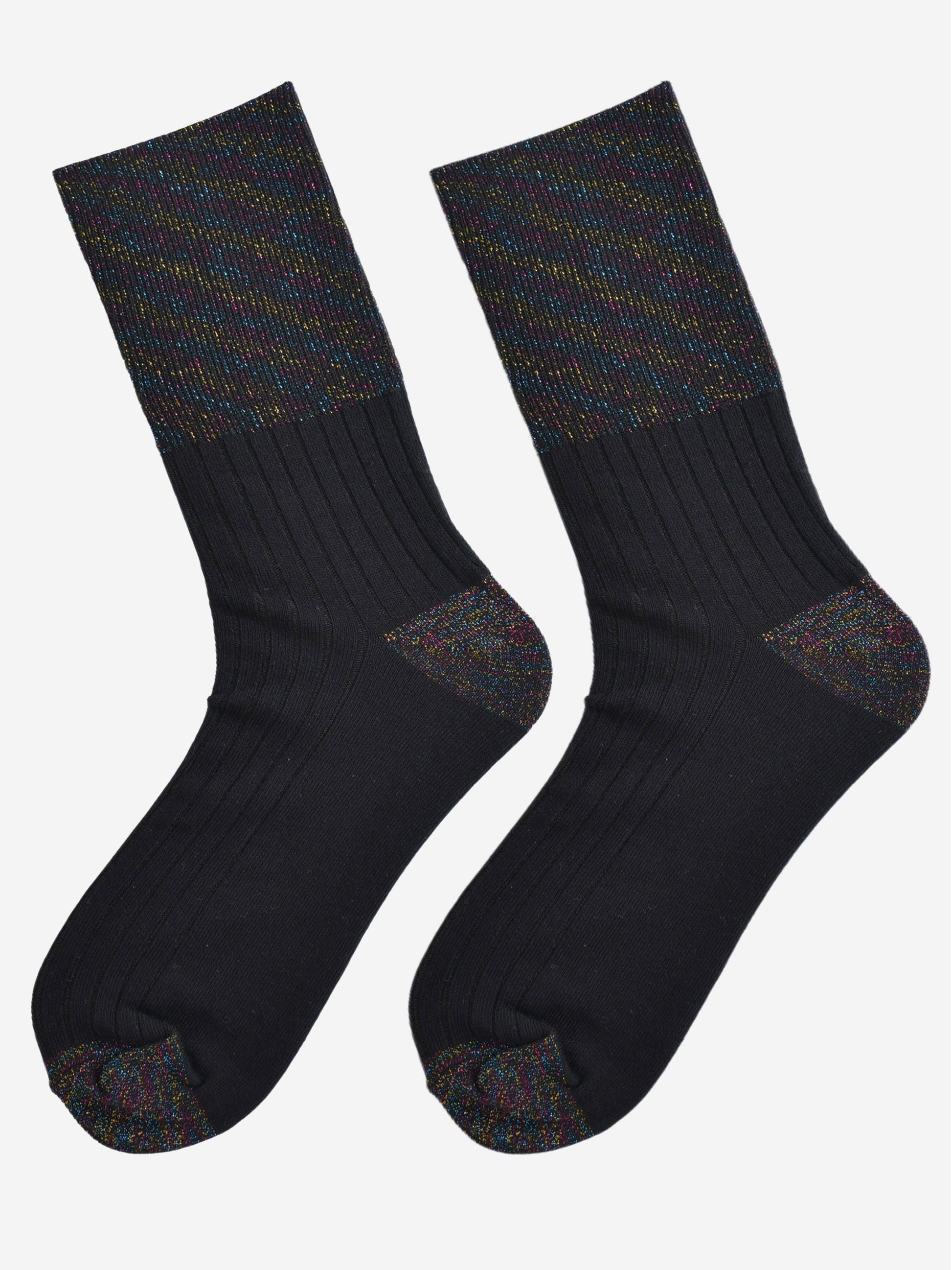 showing the socks laying flat, the folding cuff is clearly visible and has an all over rainbow glitter sparkle. the body of the socks are ribbed.