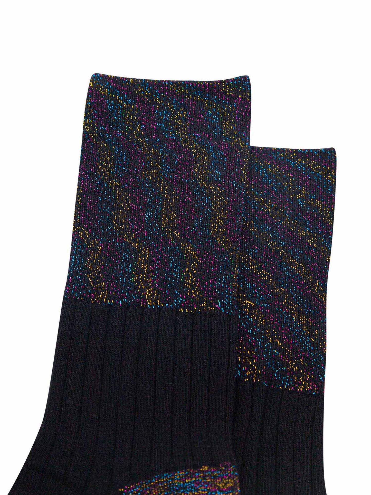 close up of the black rainbow glitter folding cuff on the black cotton socks. showing an all over rainbow sparkle