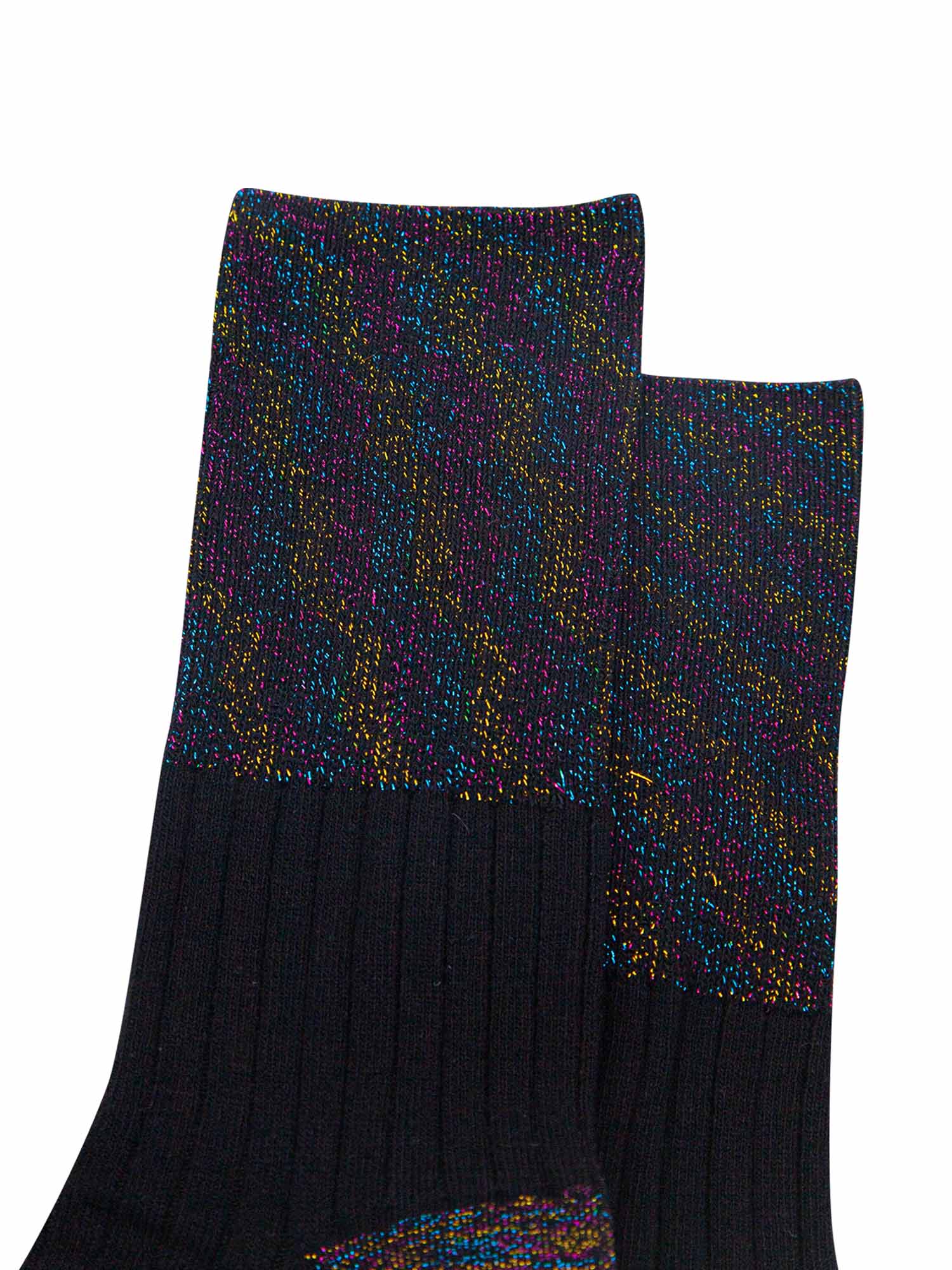 close up of the black rainbow glitter folding cuff on the black cotton socks. showing an all over rainbow sparkle