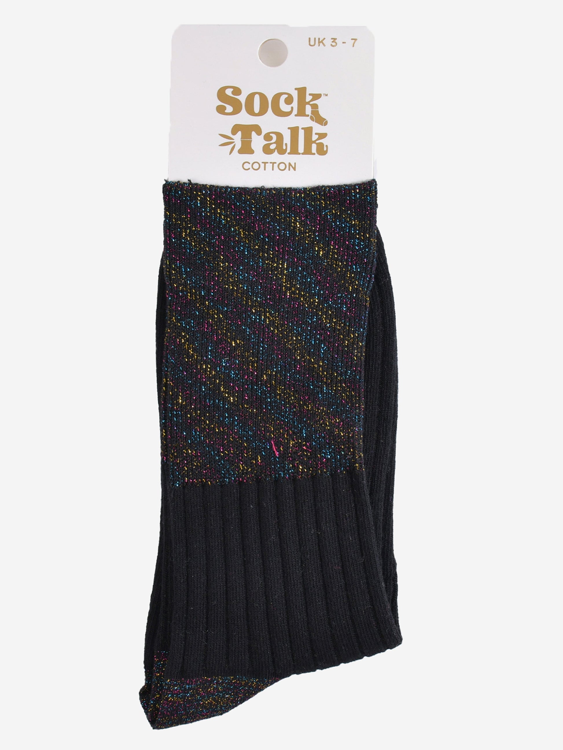 black rainbow folding cuff ankle socks in their sock talk packaging, the socks are a uk size 3-7