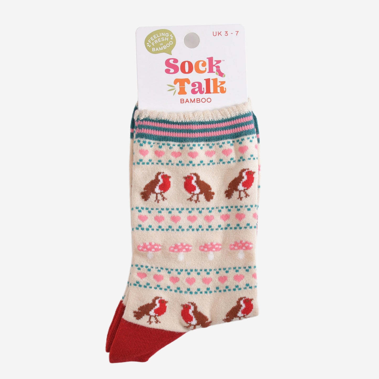 robin fair isle bamboo socks in their sock talk packaging, these socks are a uk size 3-7