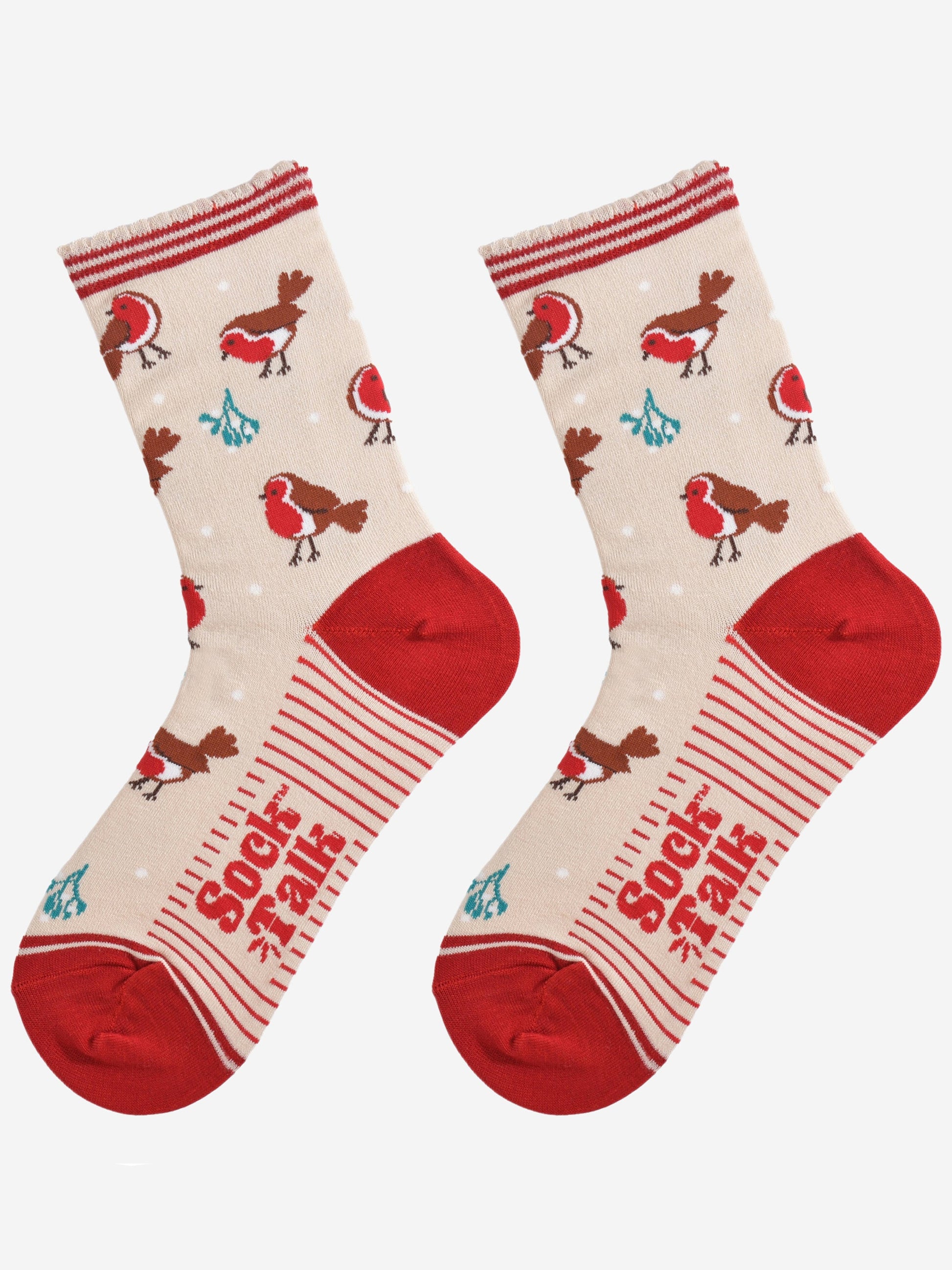 cream and red christmas robin bamboo socks laying flat, showing the all over pattern of red robin birds and festive mistletoe