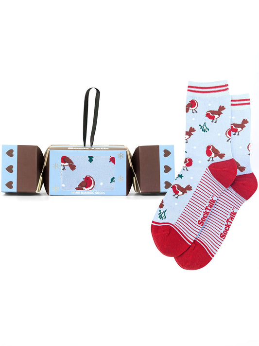 Festive-Robin-Bamboo-Crew-Socks-Christmas-Cracker-Gift-Box-in-Light-Blue/Red
