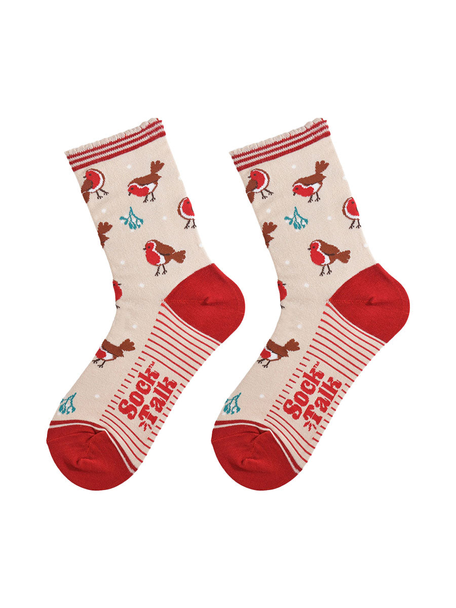 cream and red christmas robin bamboo socks laying flat, showing the all over pattern of red robin birds and festive mistletoe
