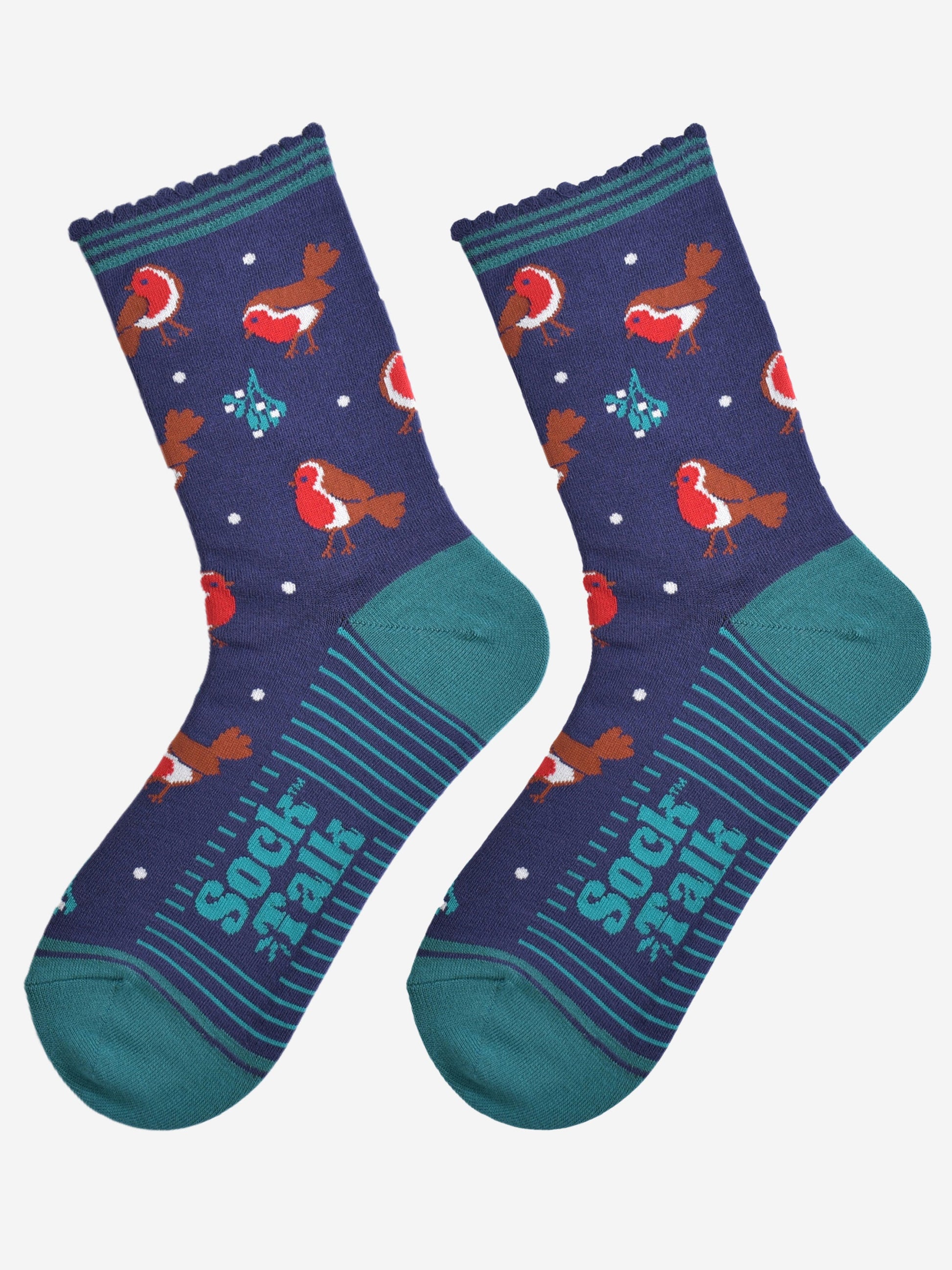 navy blue and red christmas robin bamboo socks laying flat, showing the all over pattern of red robin birds and festive mistletoe