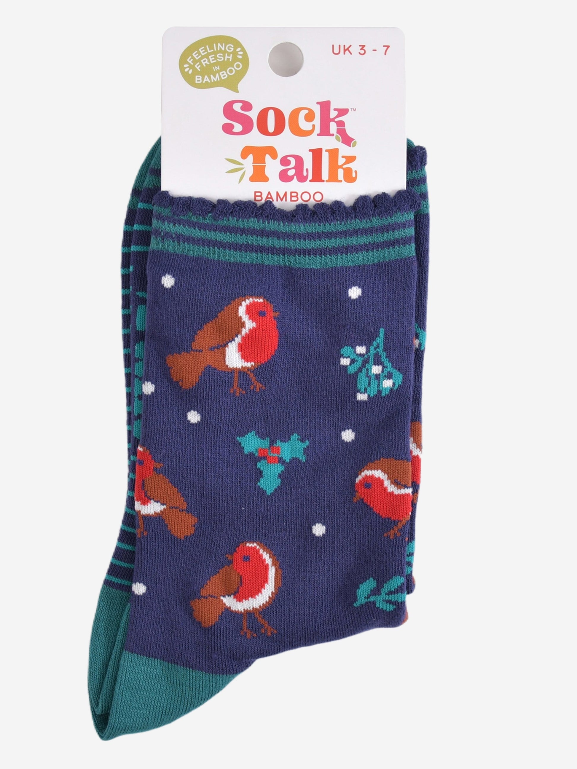 navy blue christmas robin bamboo socks in their sock talk packaging, these socks are a uk size 3-7