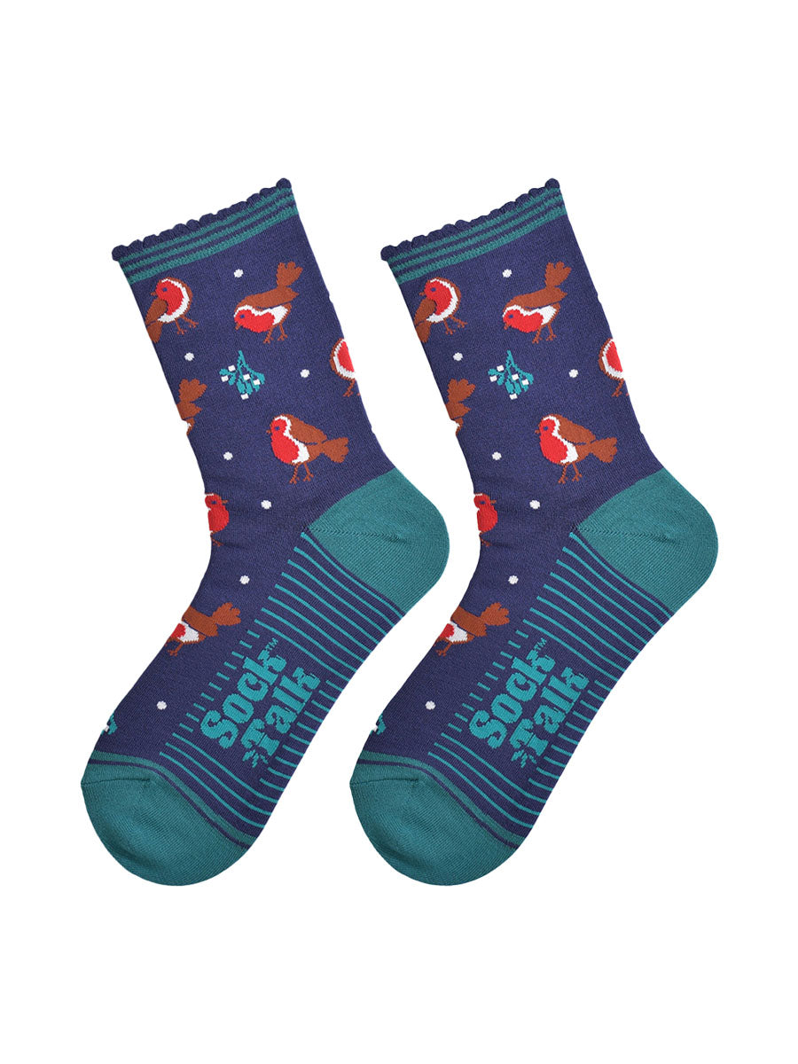 navy blue and red christmas robin bamboo socks laying flat, showing the all over pattern of red robin birds and festive mistletoe