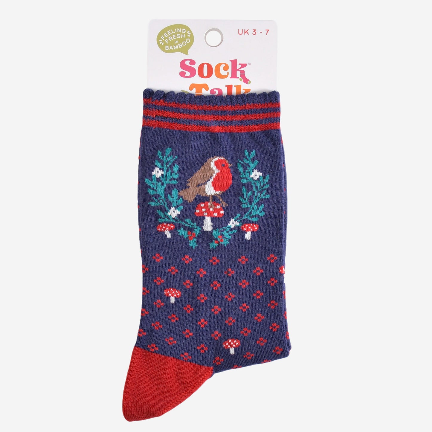 christmas robin and wreath bamboo socks in their sock talk packaging, these socks are a uk size 3-7