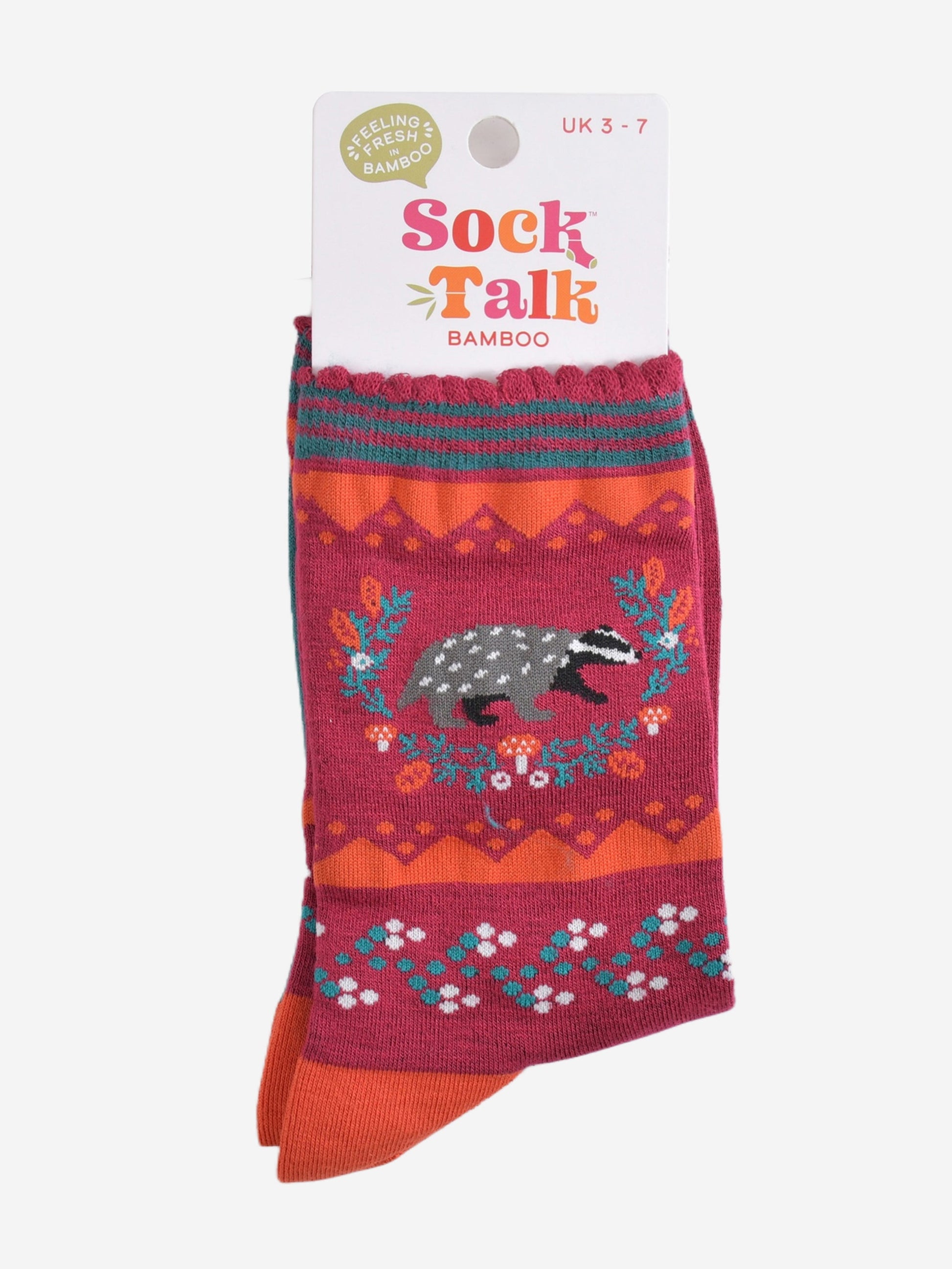 badger wreath bamboo socks in their sock talk packaging, these socks are a uk size 3-7