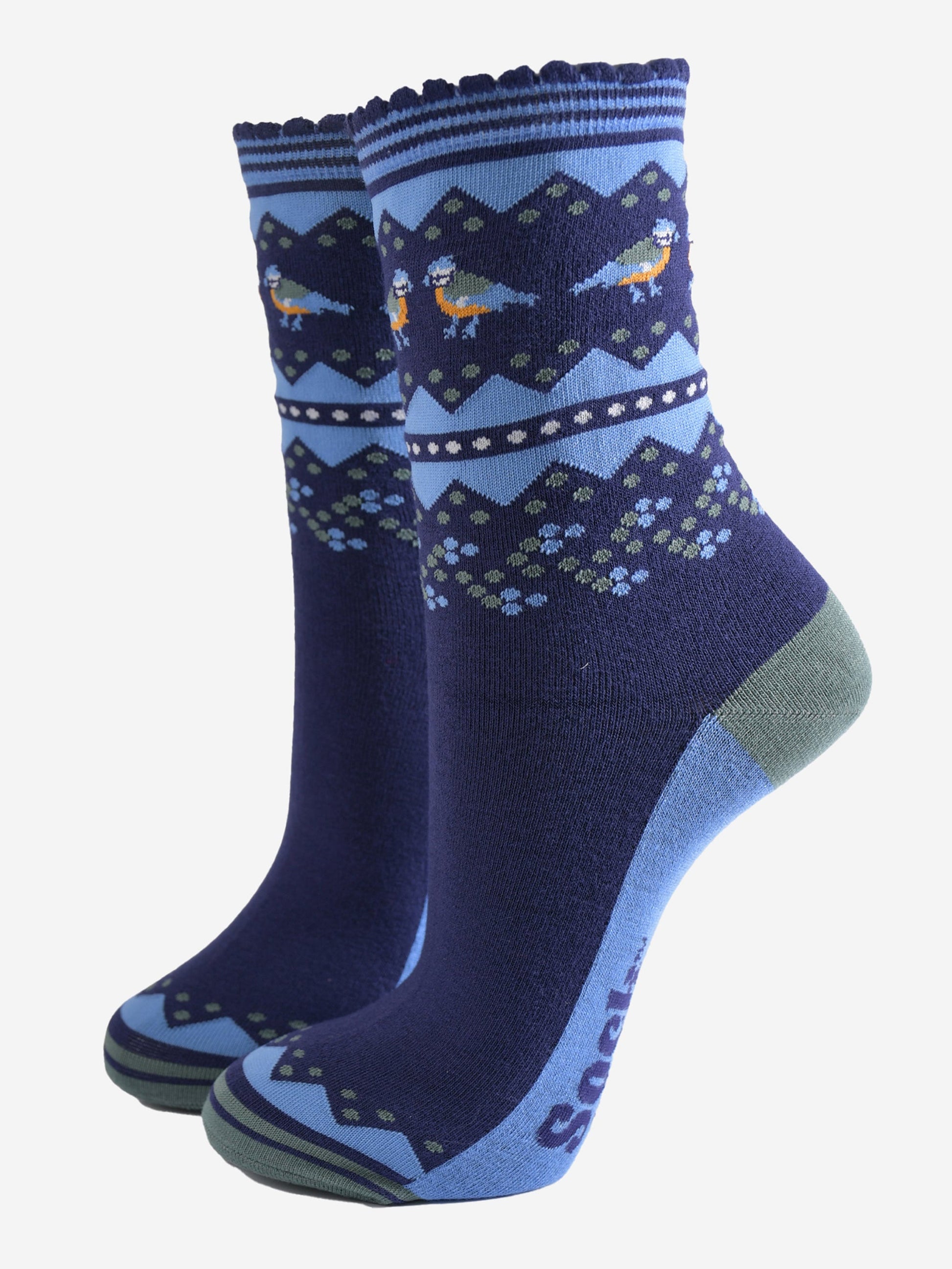 navy blue socks with a fair isle style pattern including blue tit garden birds