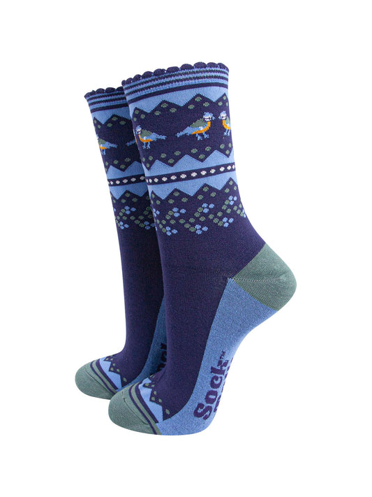 navy blue socks with a fair isle style pattern including blue tit garden birds