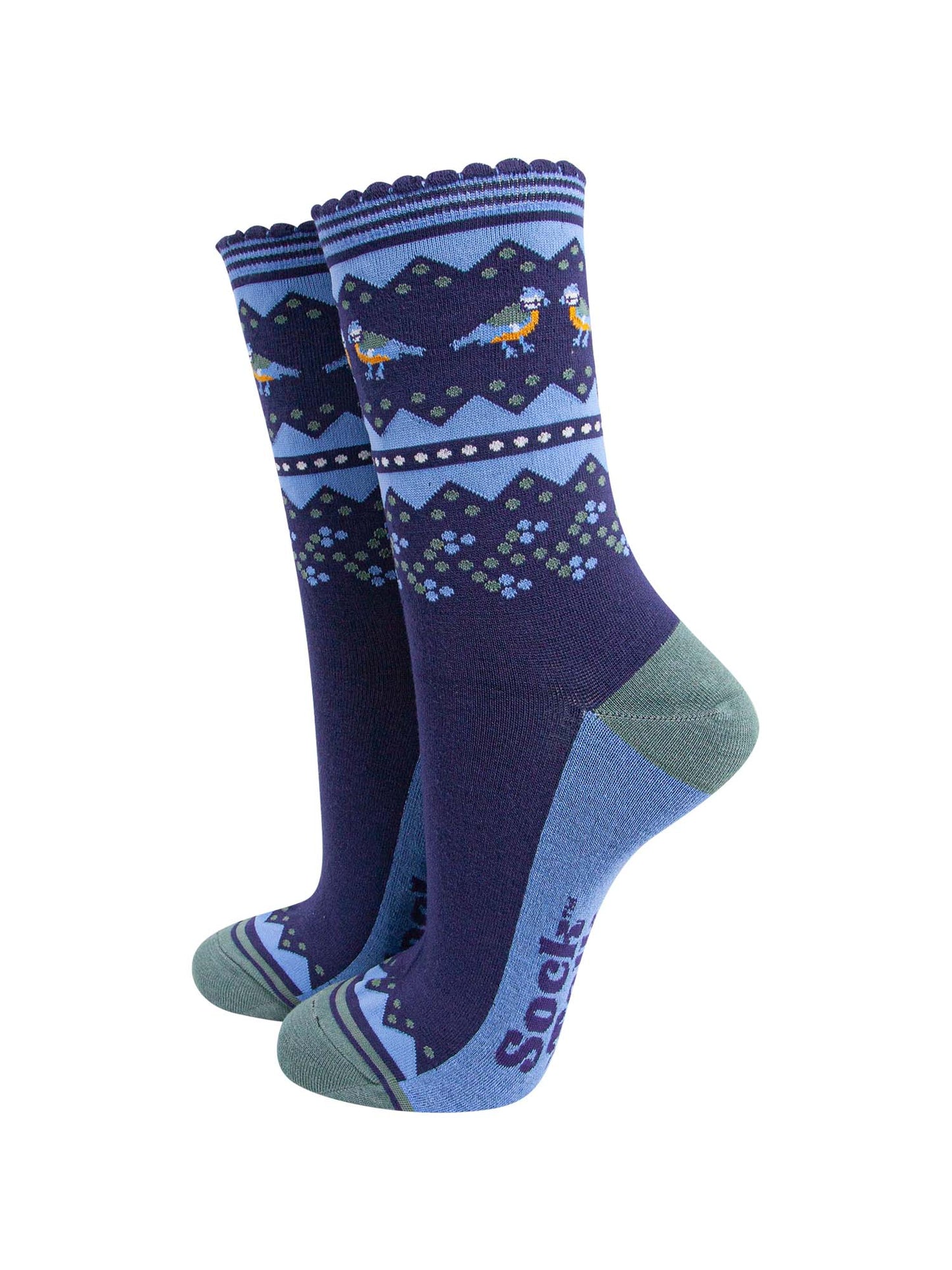 navy blue socks with a fair isle style pattern including blue tit garden birds
