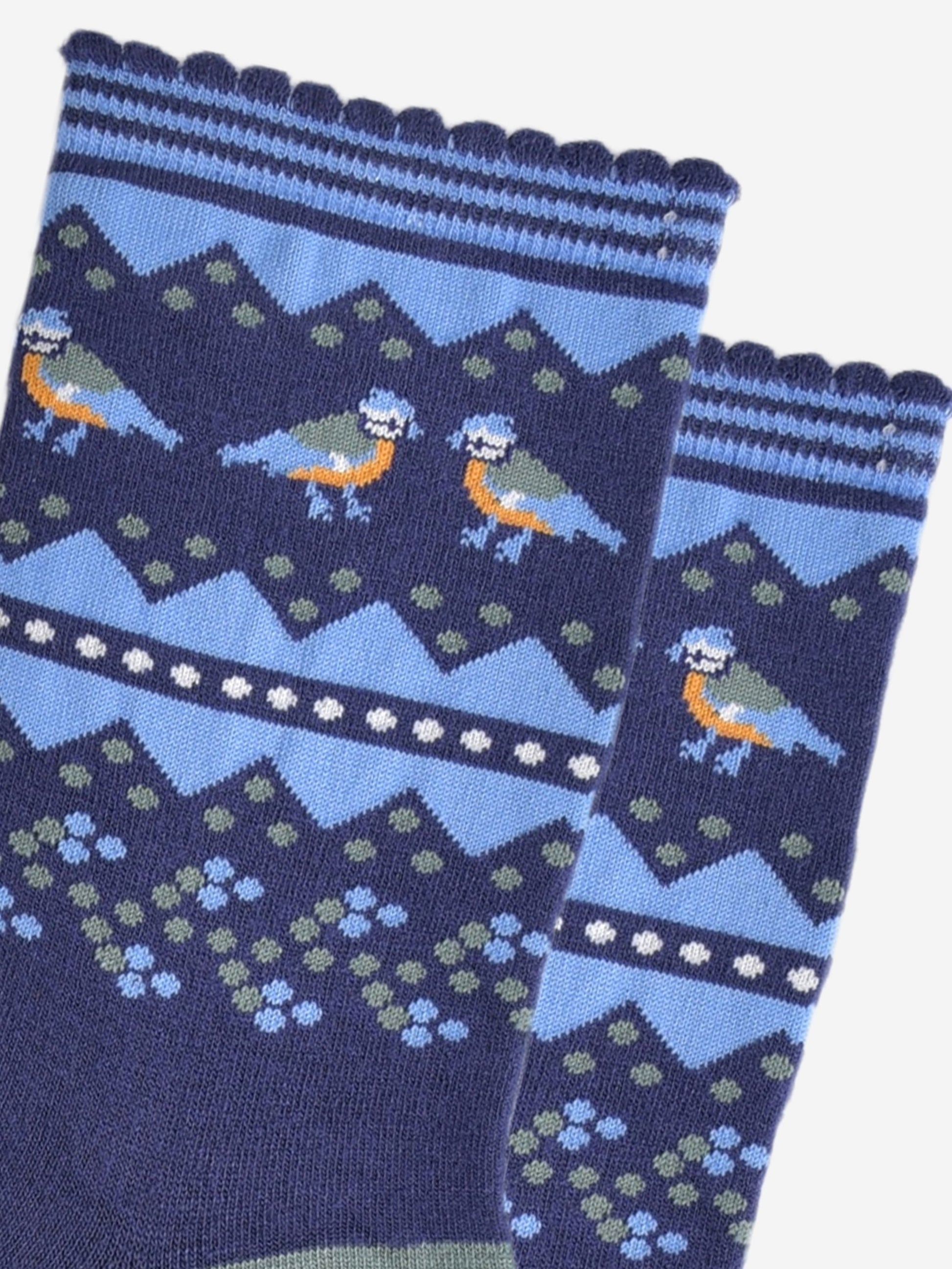 close up of the fair isle pattern and blue tit birds on the ankles of the socks, the birds are in pairs and are facing each other, they are yellow, blue and green 