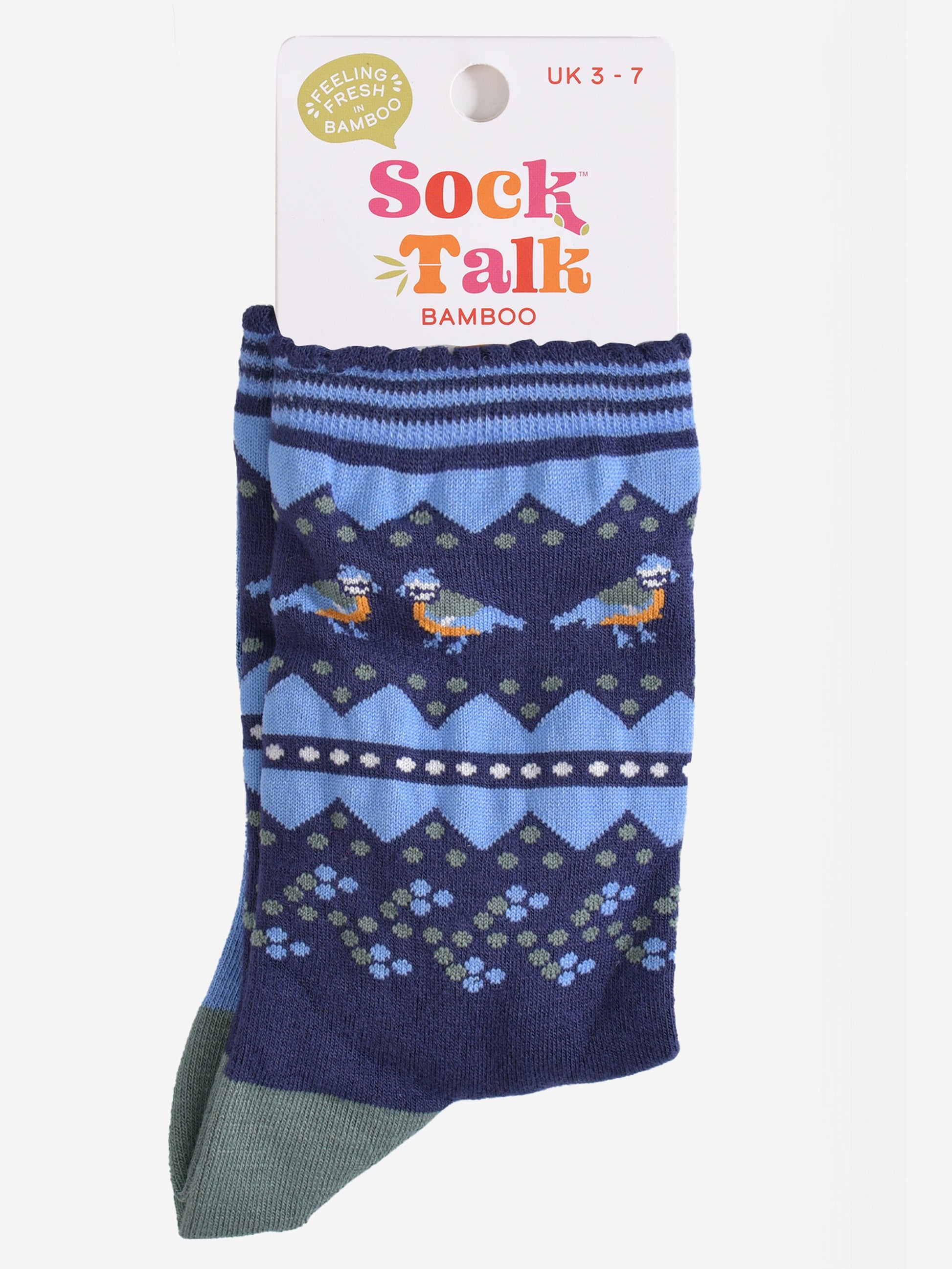 fair isle blue tit bird bamboo socks in their sock talk packaging, these socks are a uk size 3-7