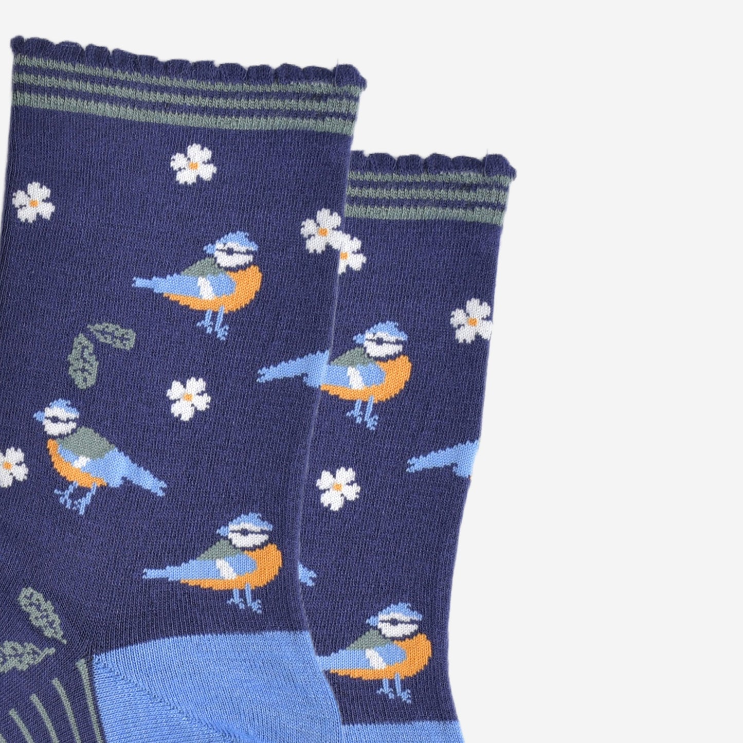 close up of the blue tit bird desgin on the socks, the birds are yellow and light blue with a blue crest on their heads, there are also green leaves and white flowers as part of the all over design