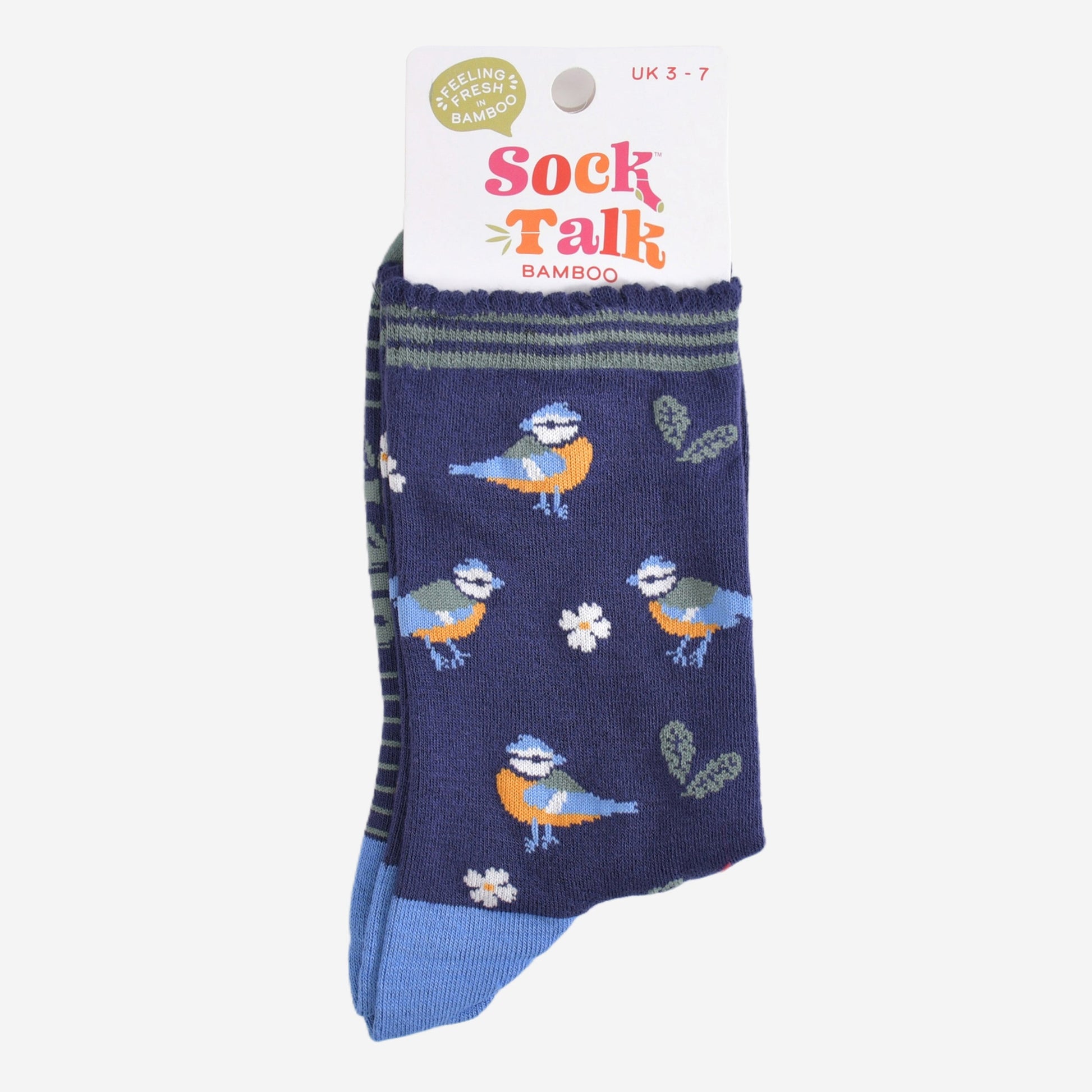 blue tit woodland bamboo socks in their sock talk packaging, these socks are a uk size 3-7