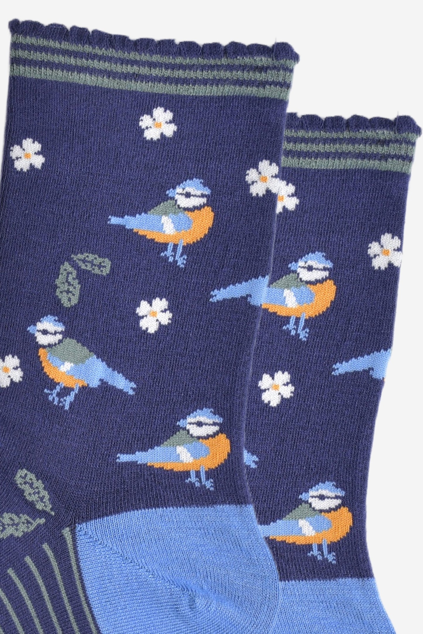 close up of the blue tit bird desgin on the socks, the birds are yellow and light blue with a blue crest on their heads, there are also green leaves and white flowers as part of the all over design