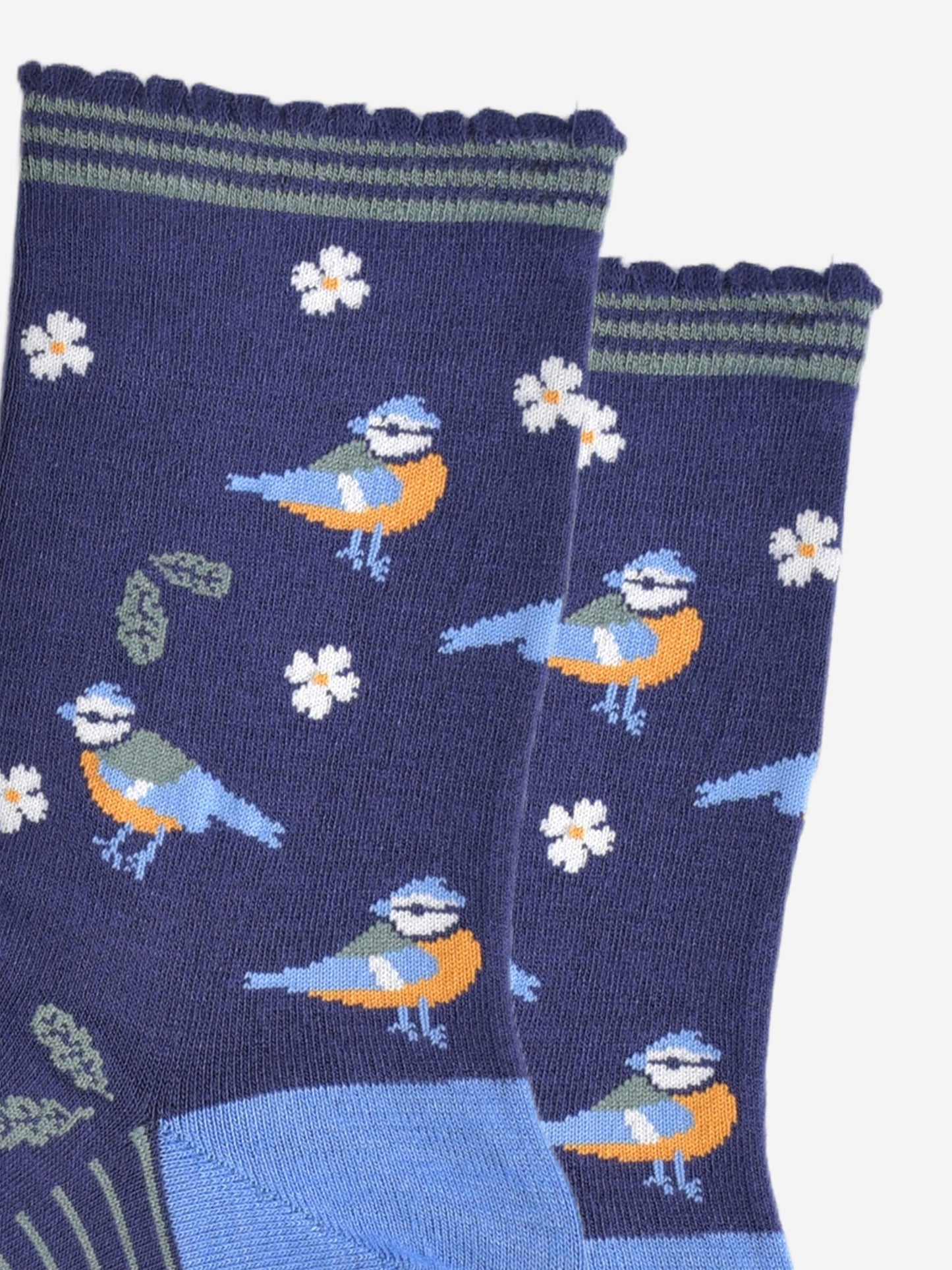 close up of the blue tit bird desgin on the socks, the birds are yellow and light blue with a blue crest on their heads, there are also green leaves and white flowers as part of the all over design