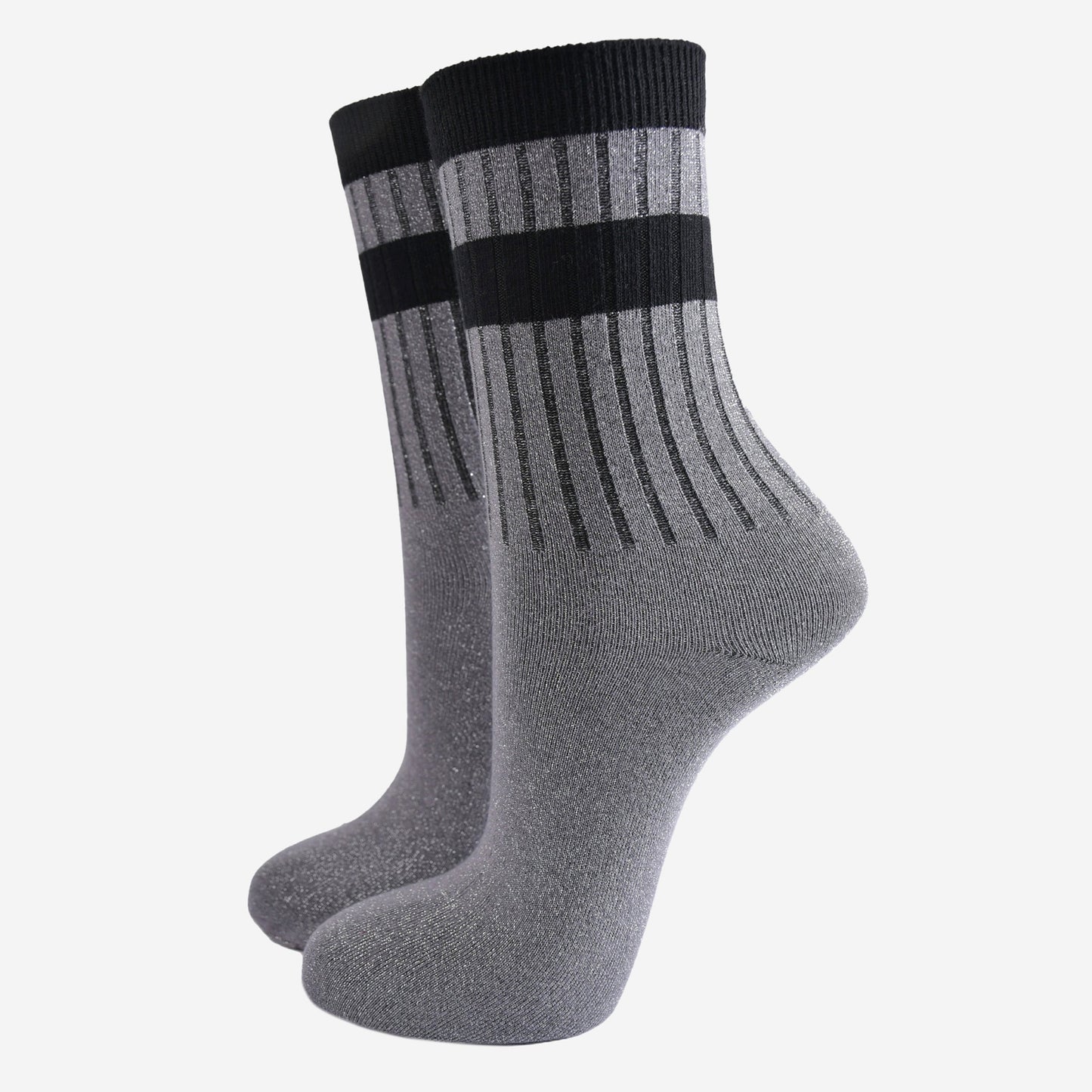 grey glitter sparkly ankle socks with ribbed cuffs and two sports style horizontal stripes on the cuff