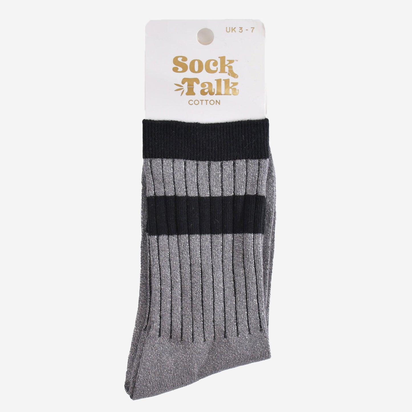 grey glitter striped cuff sports socks in their sock talk packaging, the socks are a uk size 3-7