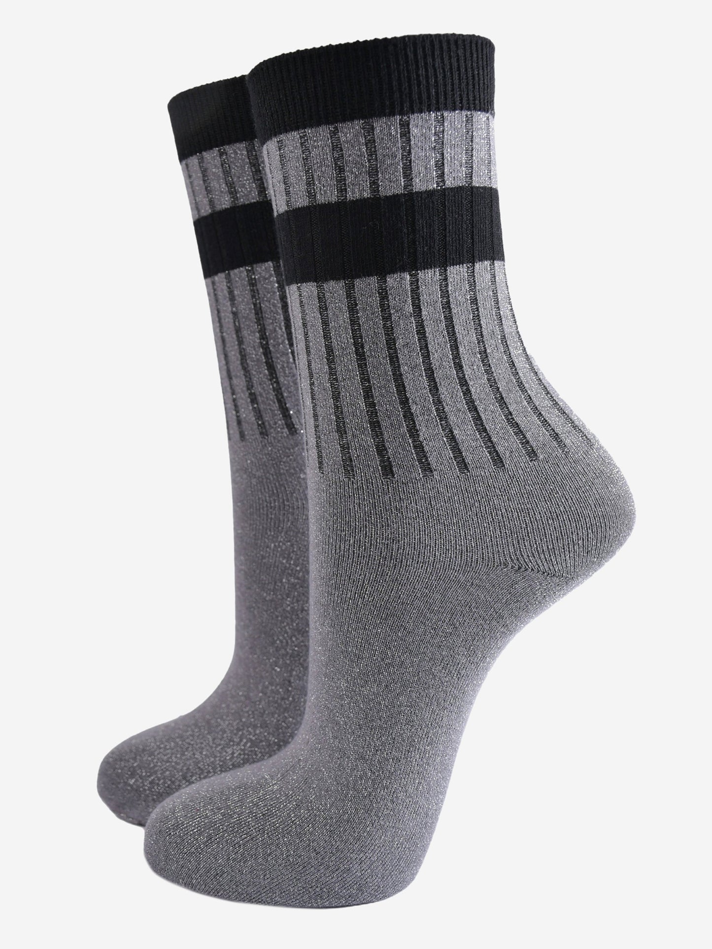 grey glitter sparkly ankle socks with ribbed cuffs and two sports style horizontal stripes on the cuff